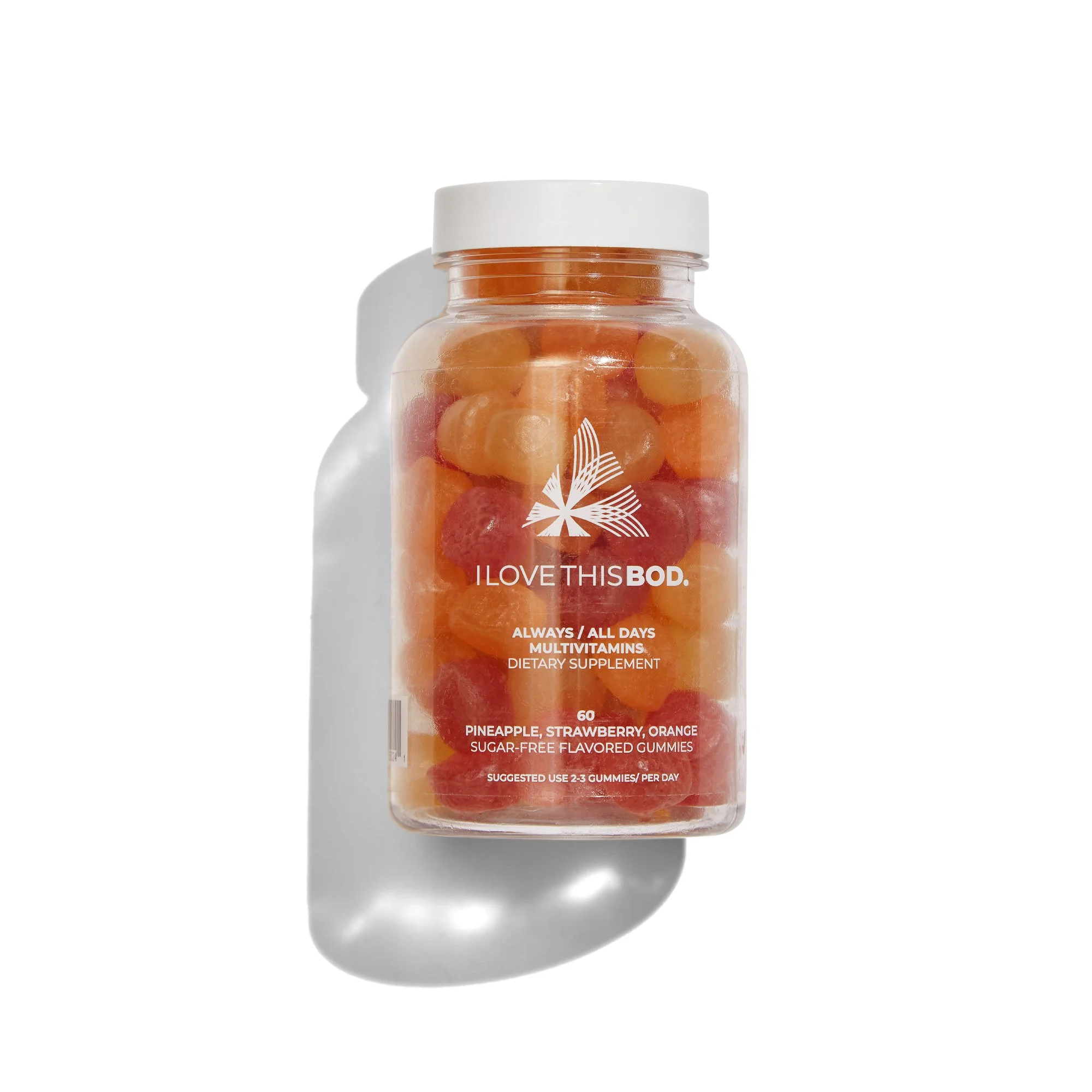 Clear plastic bottle of multivitamin gummies with pineapple, strawberry, and orange flavors, labeled "I love this BOD" on a white background, casting a shadow.