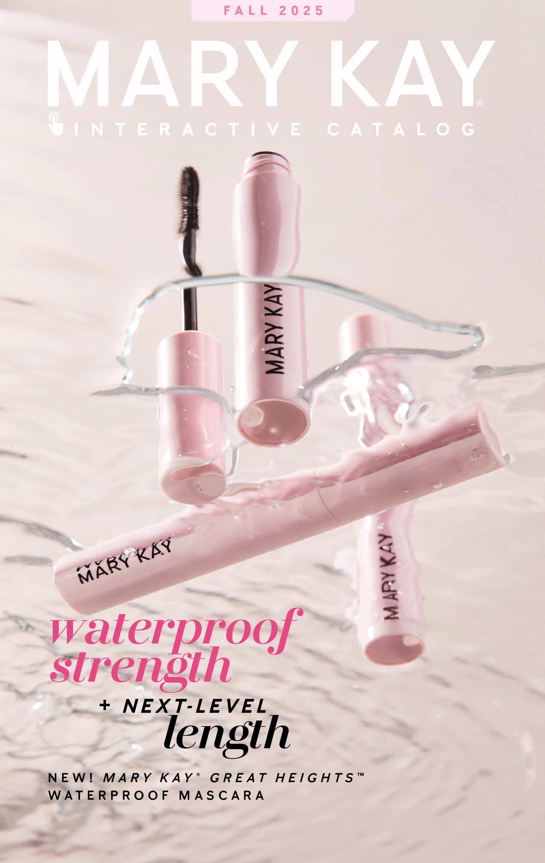 Mary Kay waterproof mascara products floating on water, including mascara tubes and a mascara wand, with water splash and reflections. Promotional text for the Fall 2025 collection, emphasizing waterproof strength and next-level length.