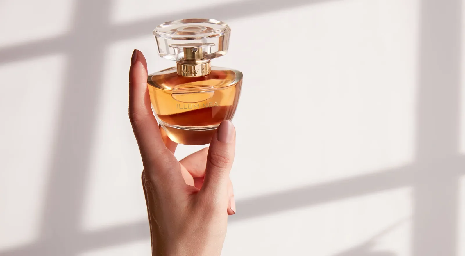A hand holding a perfume bottle labeled 'ILLUMINEA' with a clear cap and golden accents, against a white background with soft shadows.