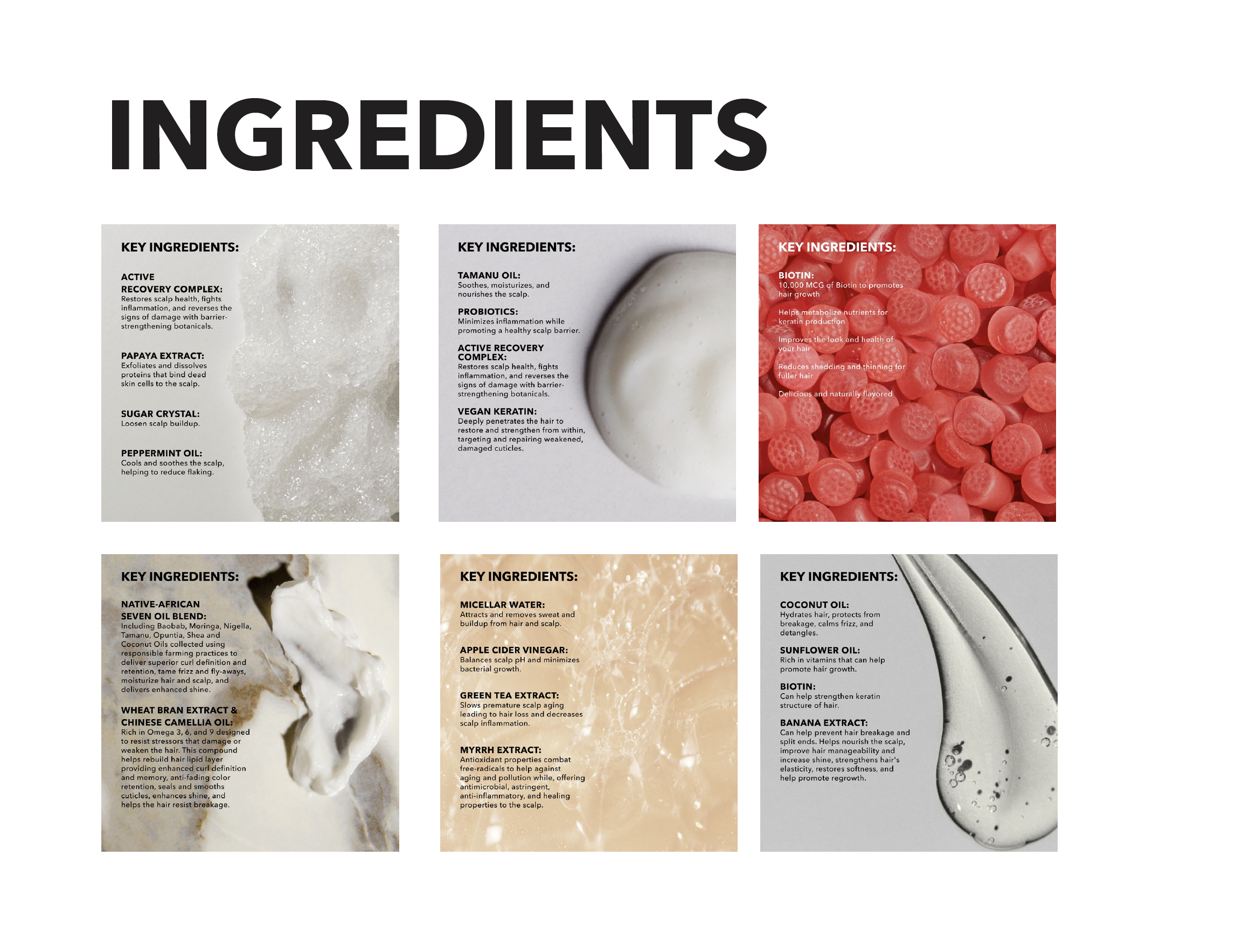 Six panels showcasing different product ingredients, including powders, liquids, and extracts, each with a brief description of their benefits and key ingredients.