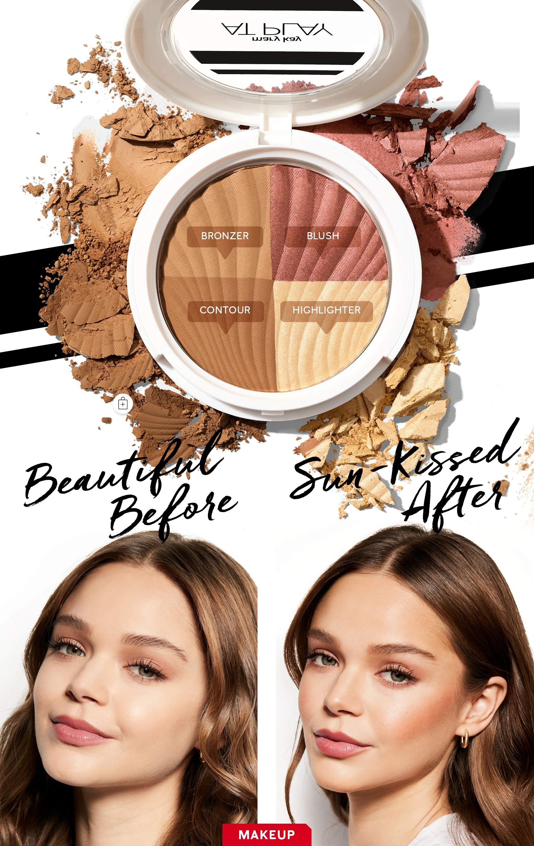 A makeup palette showing four sections labeled Bronzer, Blush, Contour, and Highlighter, with scattered powder on white background, above two photos of a woman before and after sun-kissed makeup look.