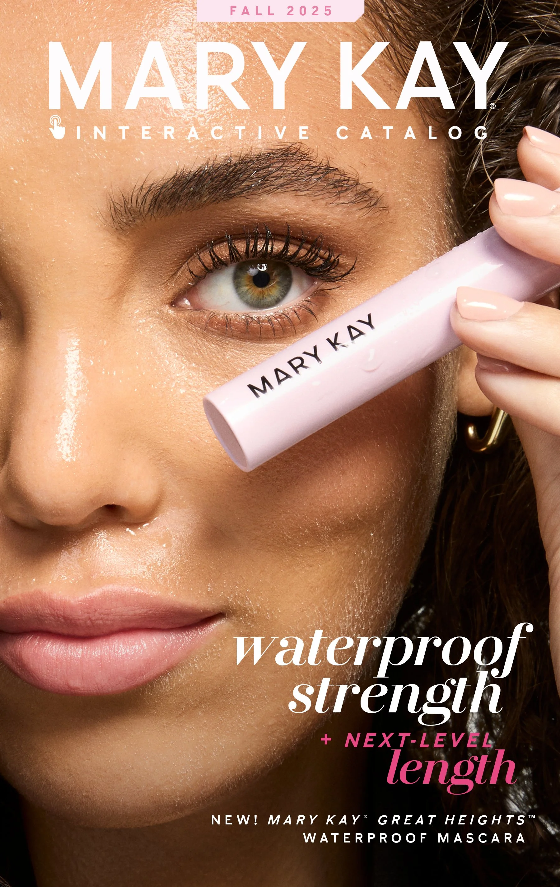 Mary Kay waterproof mascara advertisement featuring a close-up of a woman with green eyes and makeup, holding a pink mascara tube near her eye. The text includes information about the new waterproof mascara for fall 2025 with added length.