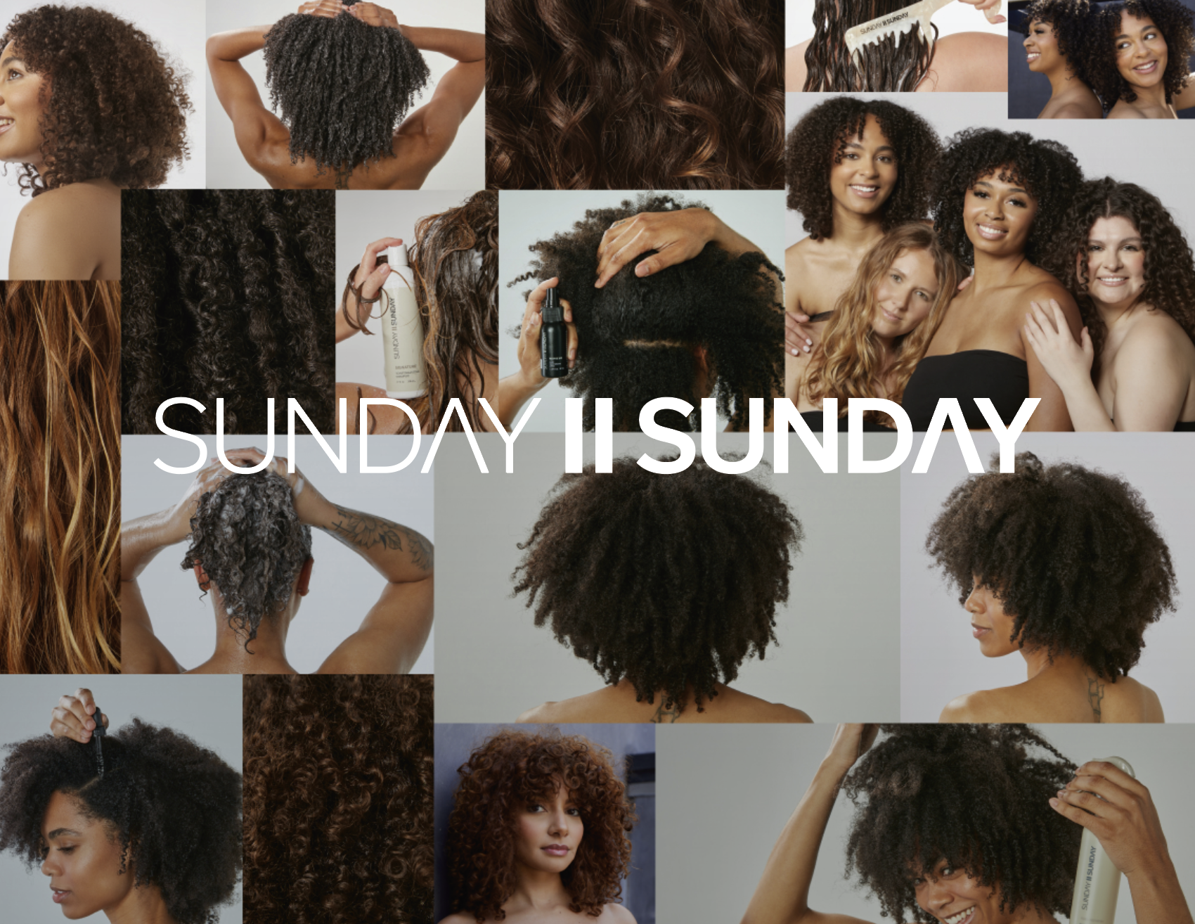 A collage of women with various curly and textured hairstyles, some posing, some styling or applying hair products, with the text 'SUNDAY I SUNDAY' overlaid.