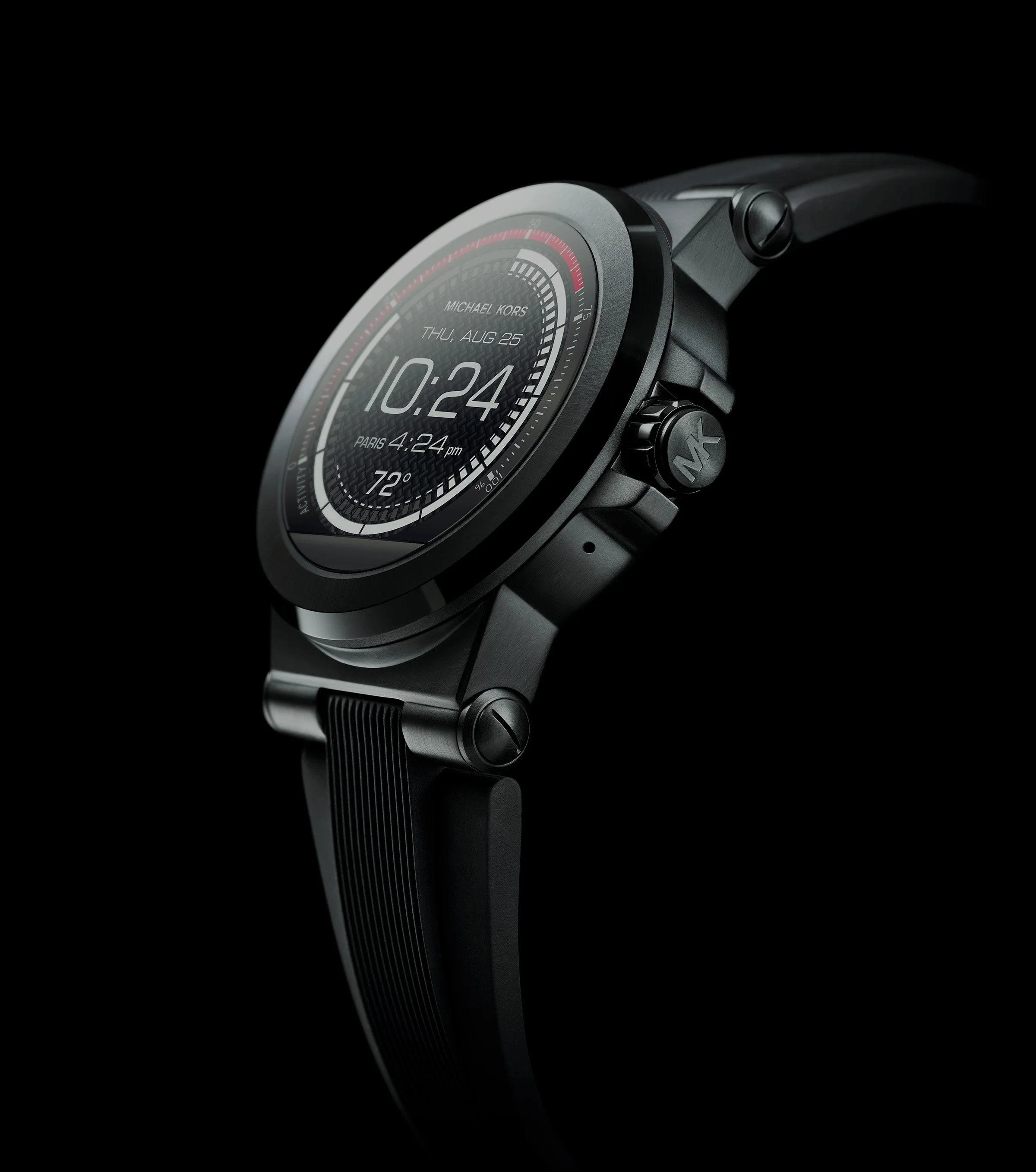 Close-up of a black Michael Kors smartwatch with a digital display showing the time, date, and weather.