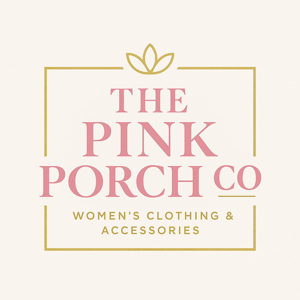 Logo for The Pink Porch Co, a women's clothing and accessories brand, with a gold flower icon above the text on a white background.