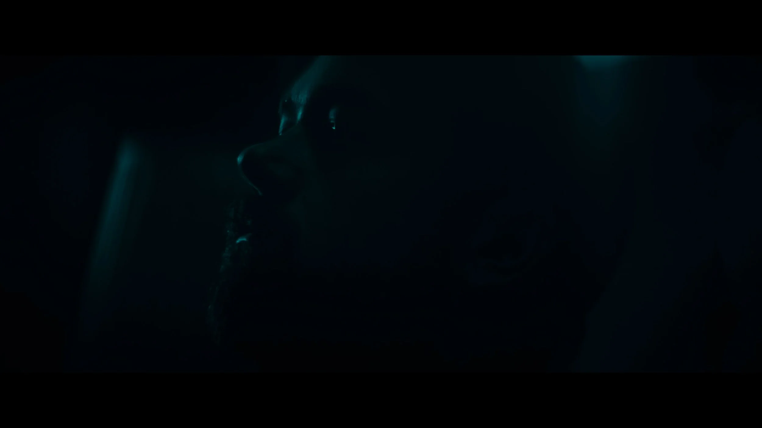 A dark, close-up shot of a person's face in profile, indistinct due to low lighting.