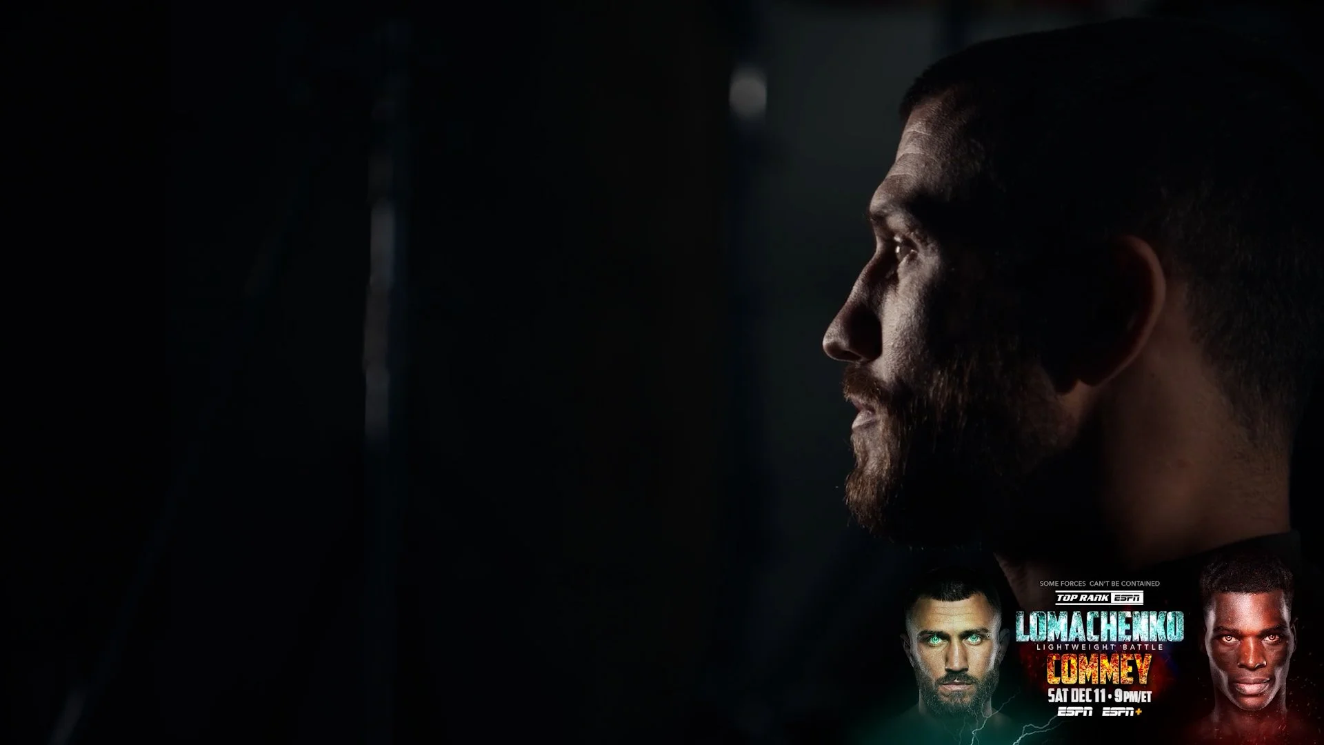 Promotional poster for a boxing match featuring Lomachenko and Comney with a dark background and profile of a bearded man on the right side.