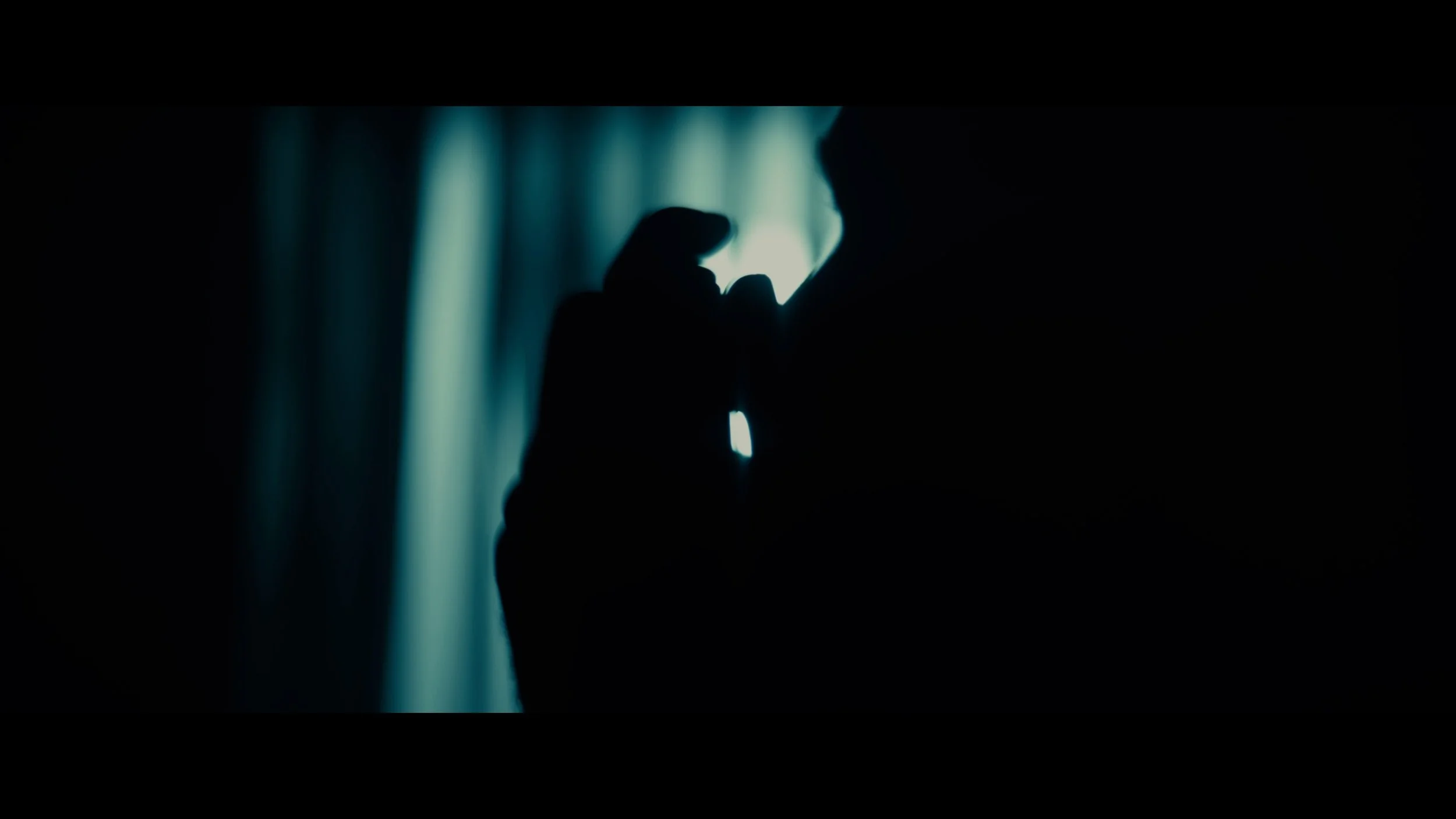 A silhouette of a person holding an object against a background of blue light and out-of-focus curtains.