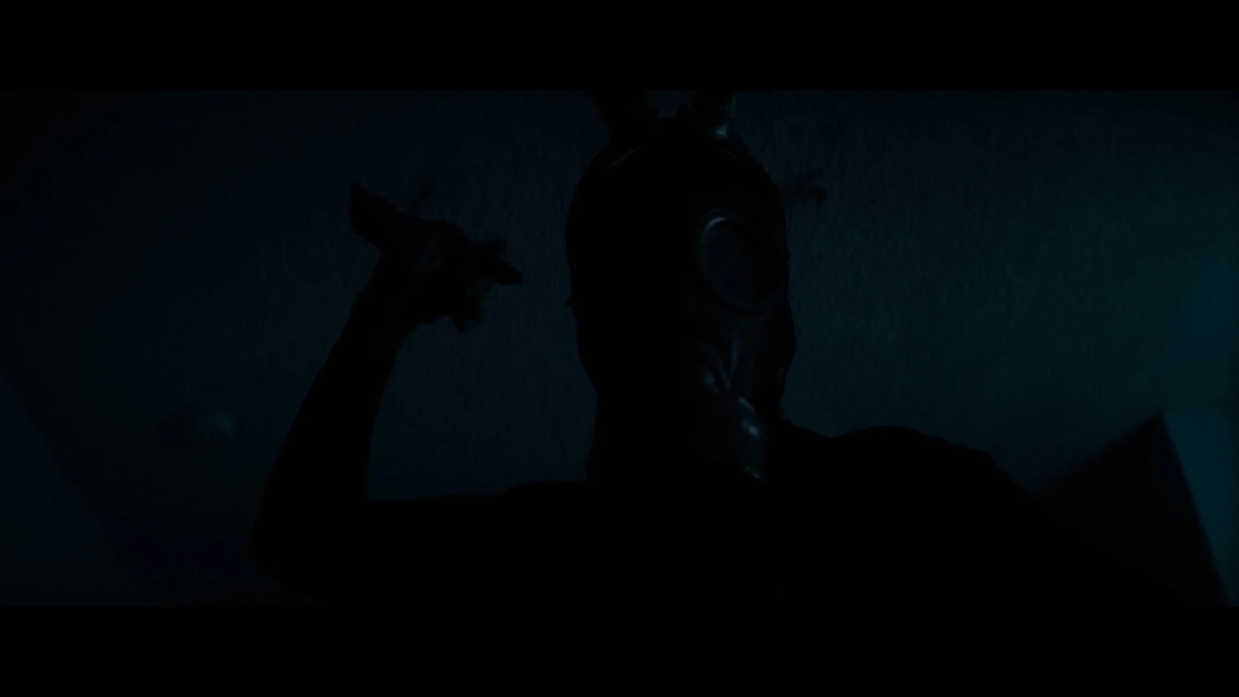 Person wearing a gas mask, silhouetted in a dark environment, with one arm raised.