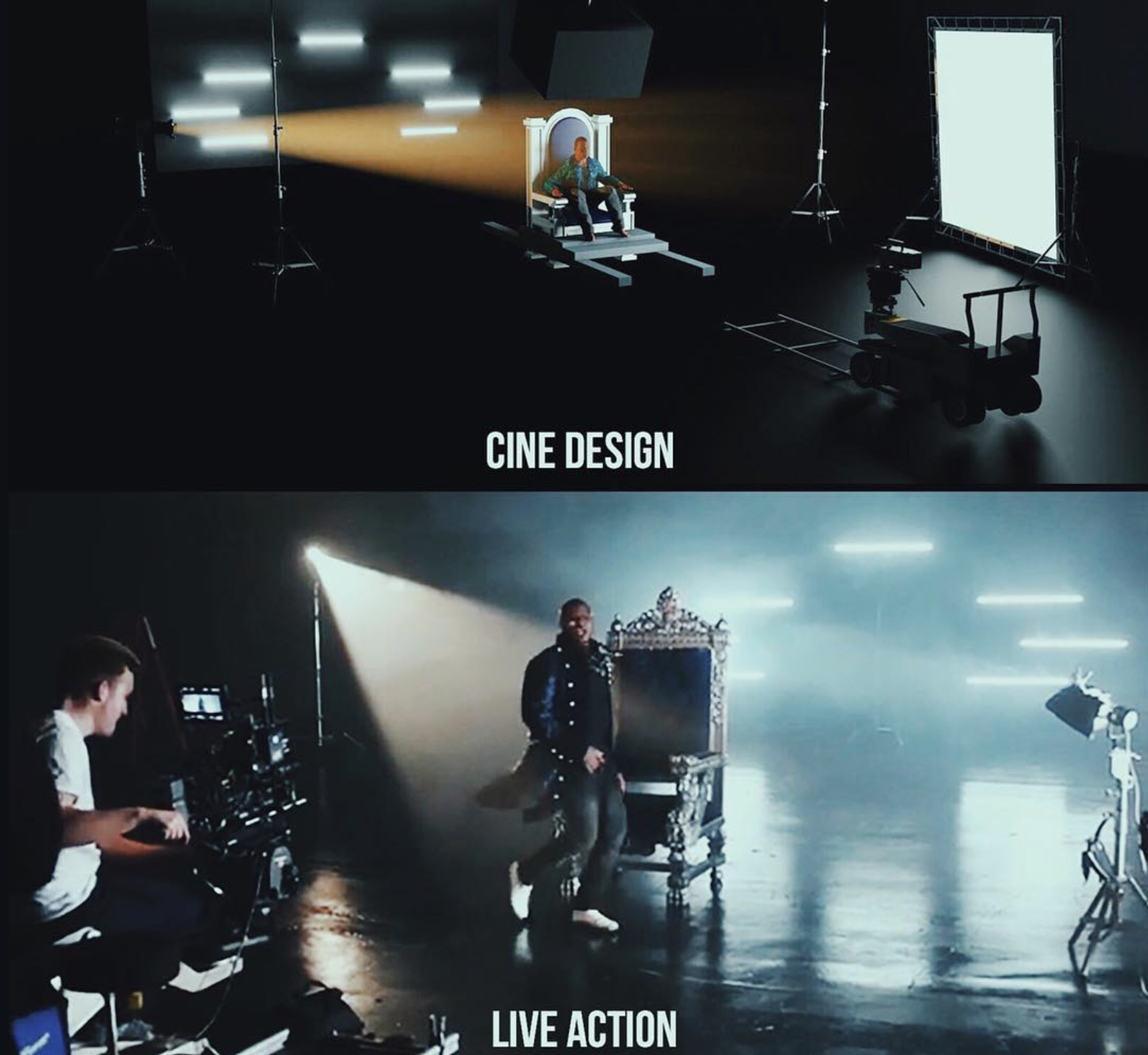 Split image showing a film set and a live performance. The top part features a film set with a person seated on a throne-like chair, bright lighting, and film equipment. The bottom part depicts a stage with a performer in front of studio lights, and crew members operating equipment. Text reads 'CINE DESIGN' above the top image and 'LIVE ACTION' below the bottom image.