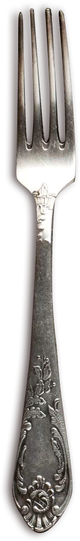 Metal fork with ornate handle featuring floral and decorative engravings.