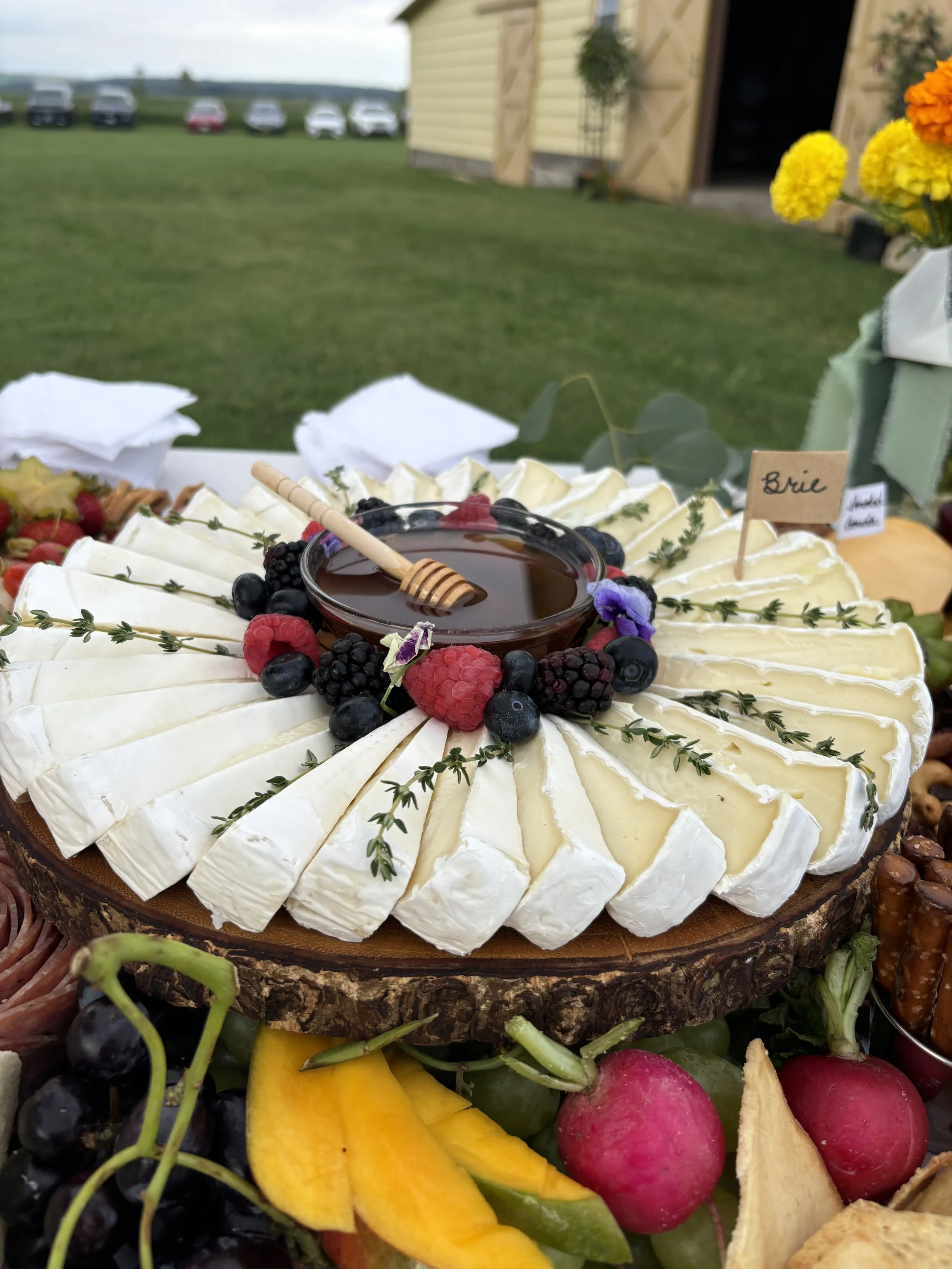 A cheese platter with sliced Brie cheese garnished with fresh berries, a bowl of honey, and sprigs of herbs, placed on a wooden serving board at an outdoor event.