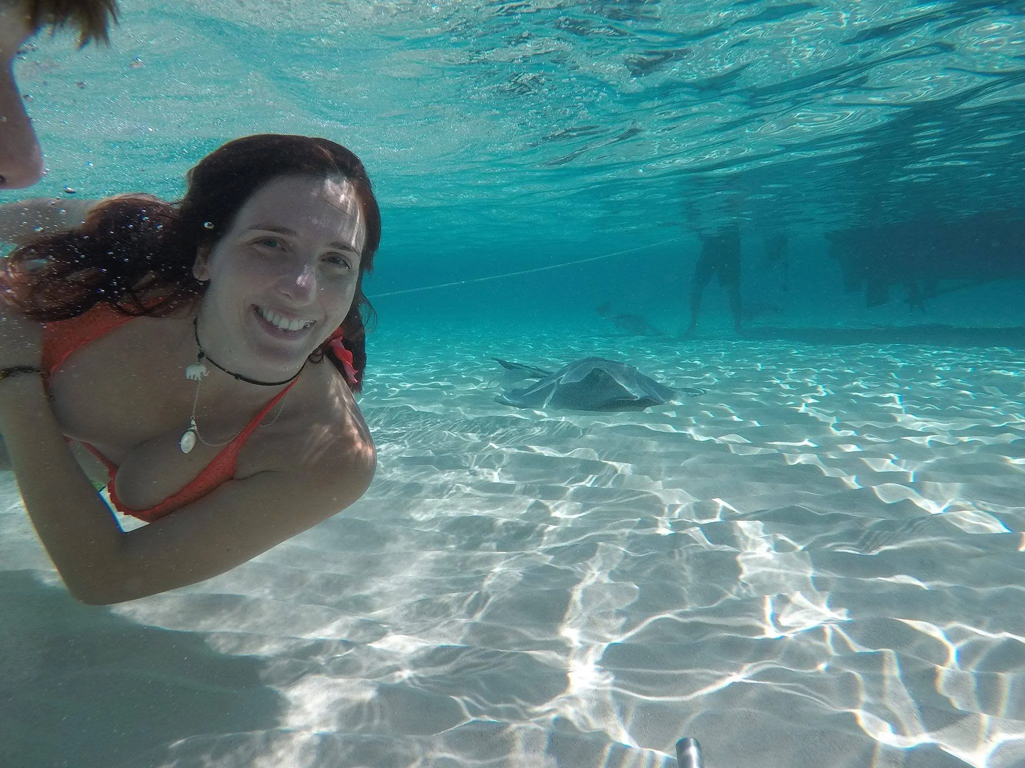 A woman with reddish-brown hair swimming underwater, smiling, wearing a red swimsuit and a shell necklace. In the background, a few people are visible, and a stingray is resting on the sandy ocean floor.