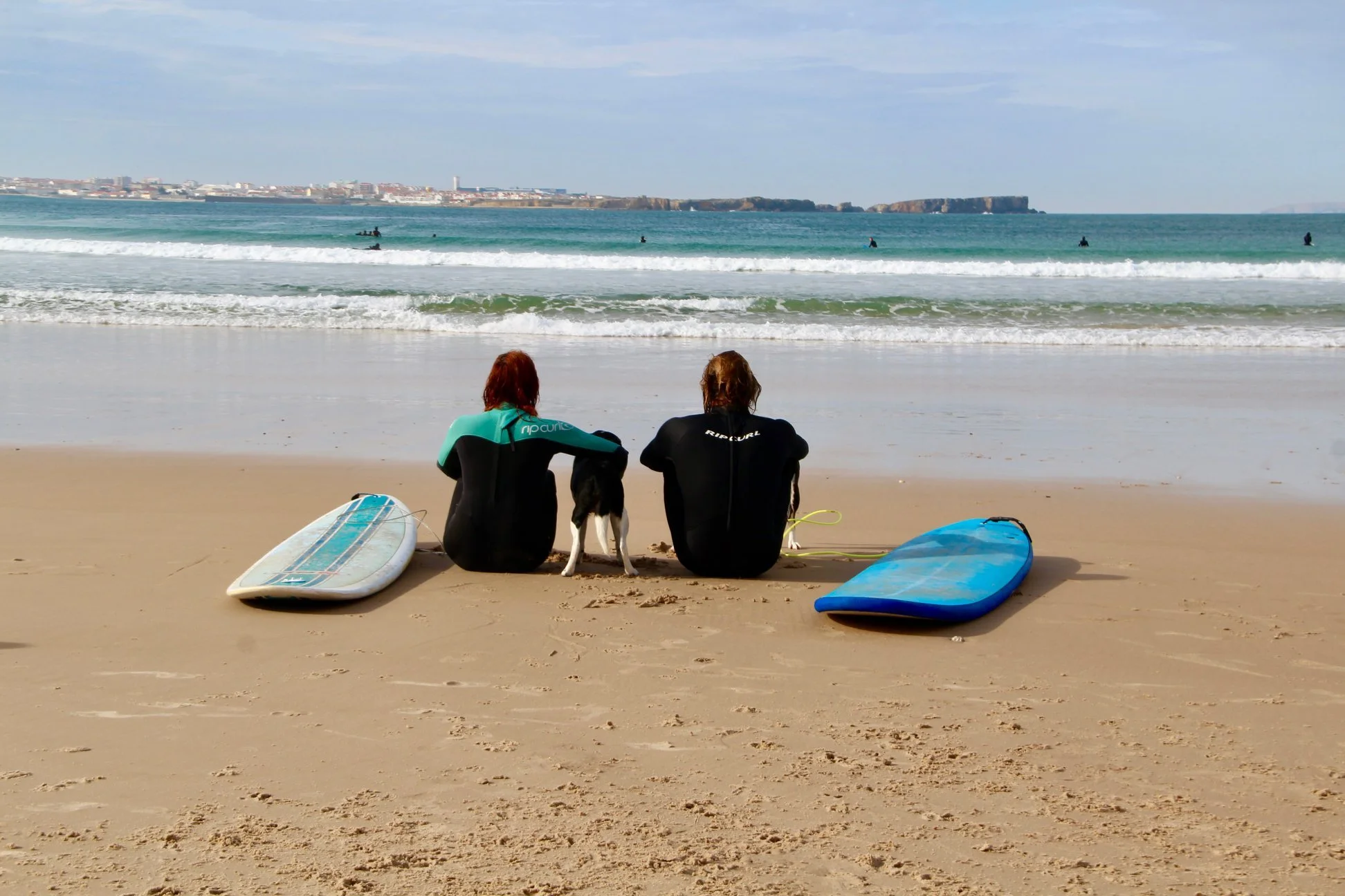 Two women in wetsuits sitting on a sandy beach with surfboards next to them, facing the ocean, while a dog sits between them. There are waves and surfers in the water, with a cityscape in the background.