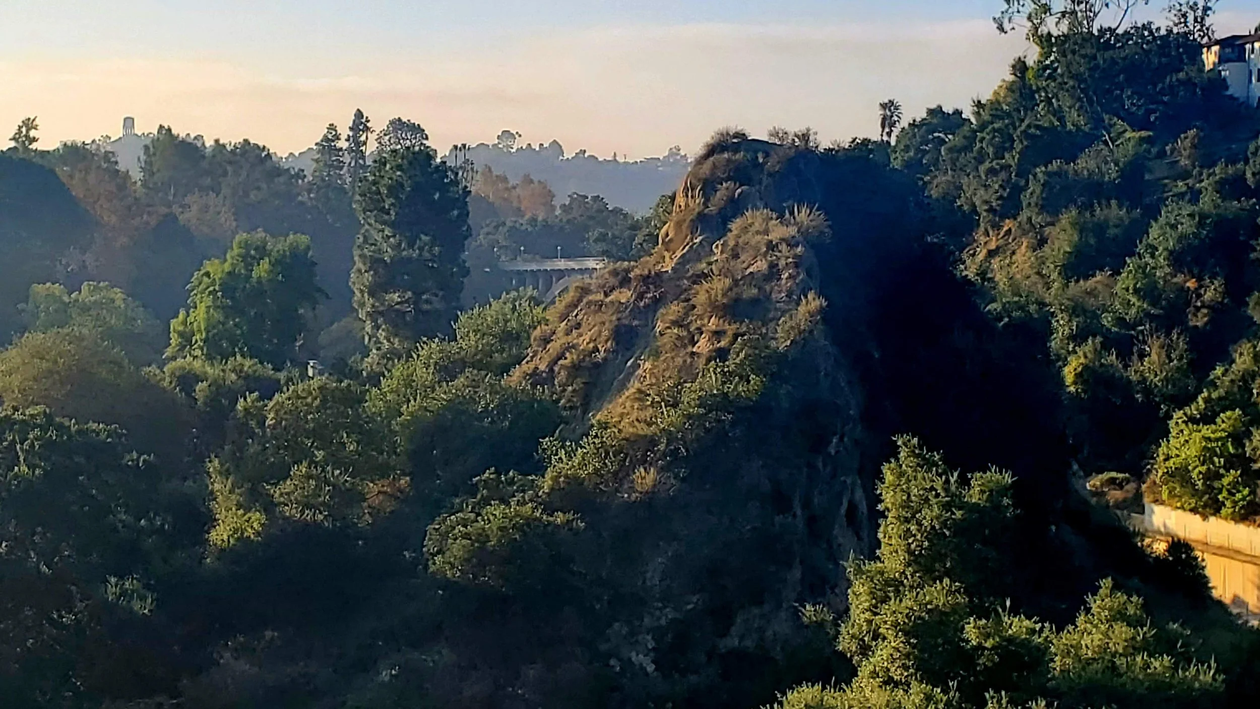 Scenic view of a rocky hillside covered with trees and greenery, with a bridge in the background under a clear sky.