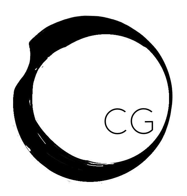 A round circle in a brush style and the initials CG in the center