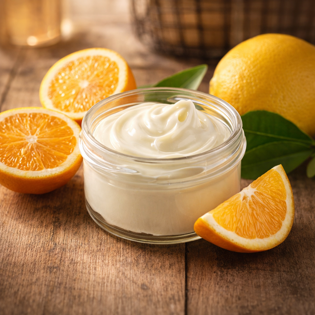 A jar of white tallow moisturizer surrounded by sliced oranges and a whole lemon on a wooden surface.