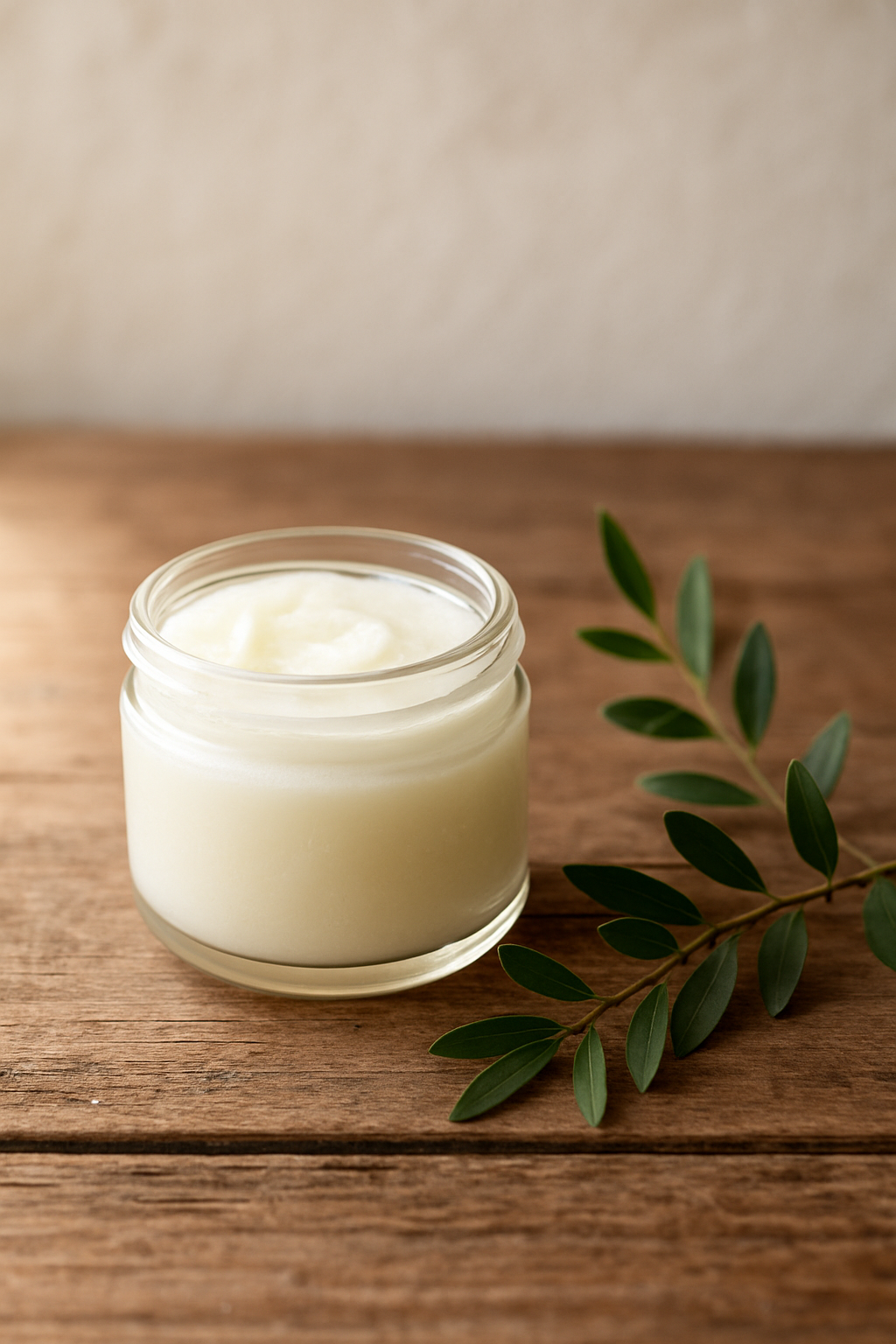 A small glass jar of tallow balm on a wooden surface, with a green leafy branch beside it.
