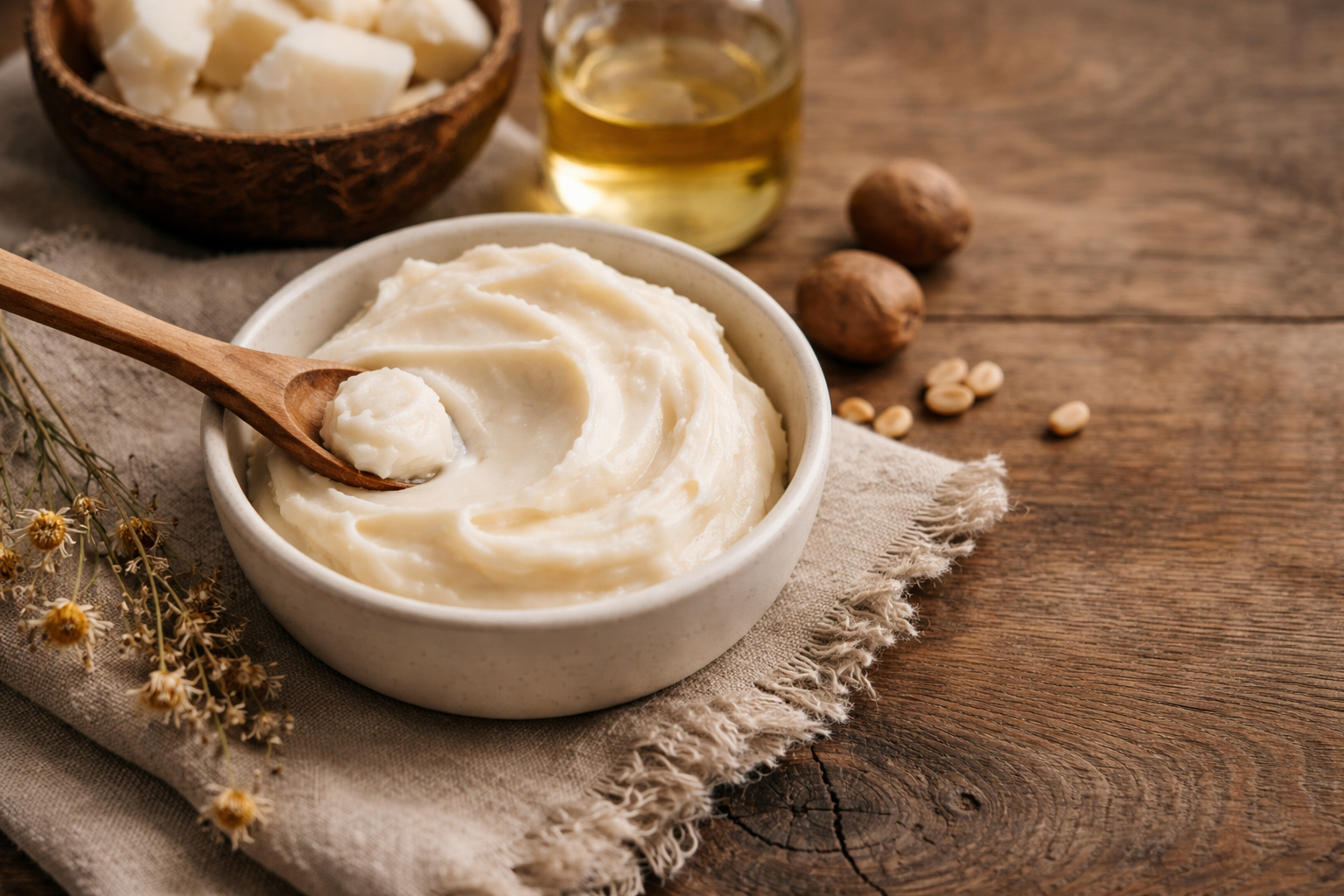 A bowl of mashed potatoes with a wooden spoon, surrounded by walnuts, a jar of oil, and a bowl of cheese on a rustic wooden table.