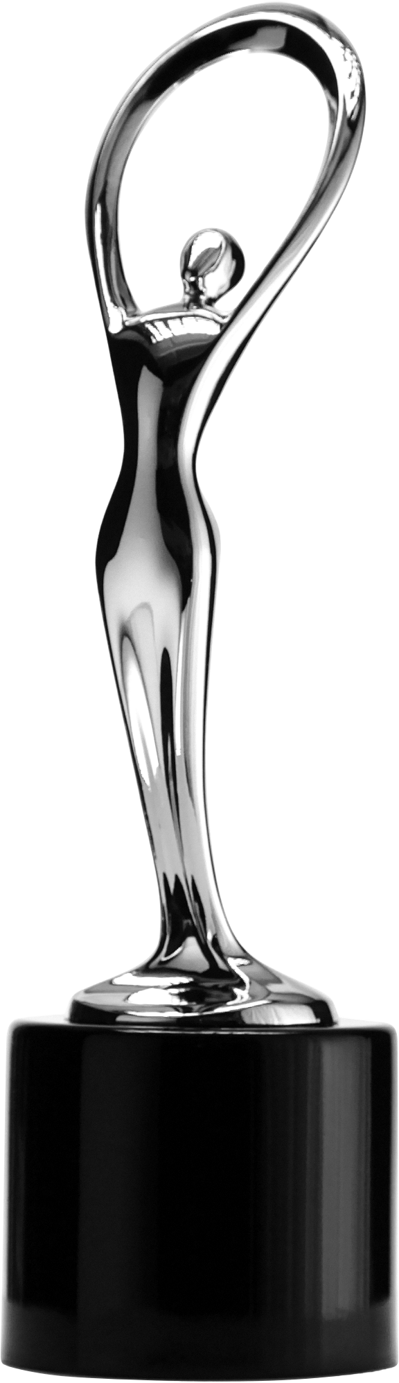 A silver trophy with a modern, abstract design, featuring a curved, elongated figure with a large loop at the top, mounted on a black base. Communicator Award of Distinction Winner