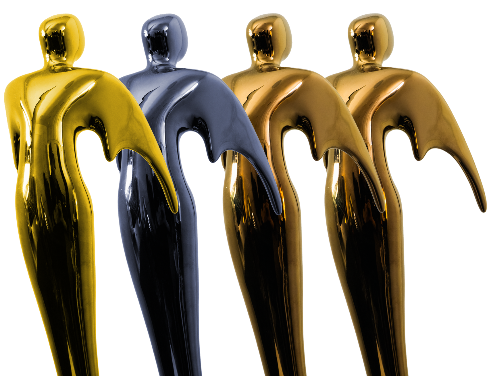 Four metallic, human-shaped sculpture figures in gold, silver, and bronze colors. They are stylized with elongated bodies, standing in a row. Telly Awards Award Winner