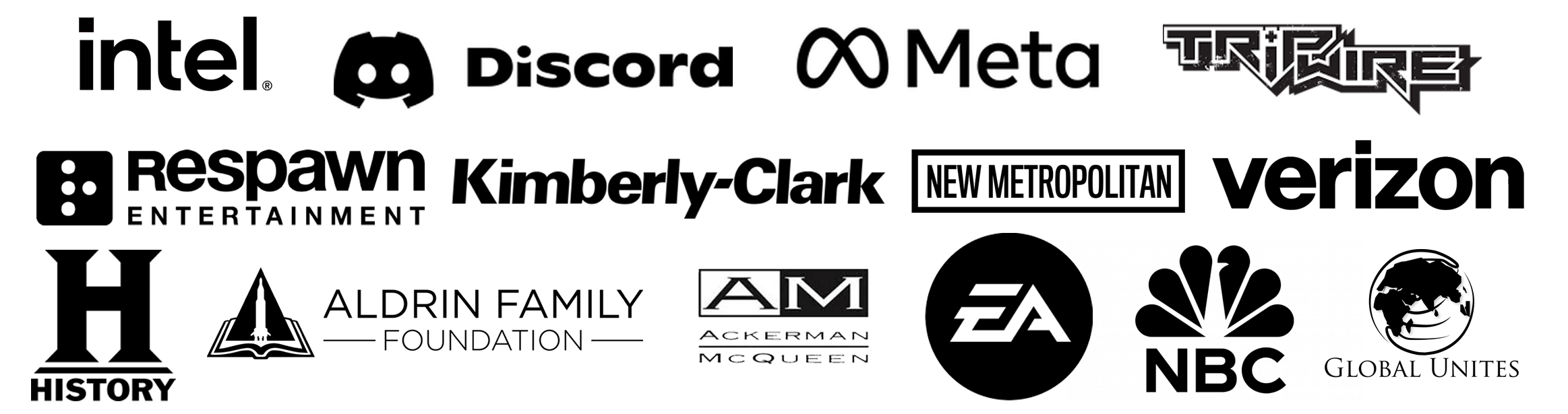 Video game promotional poster featuring the title 'TRIPWIRE' at the top, and logos for 'AM Ackerman McQeen' and 'EA' at the bottom. The background is black with white and gray text and logos. Meta Facebook Intel NBC