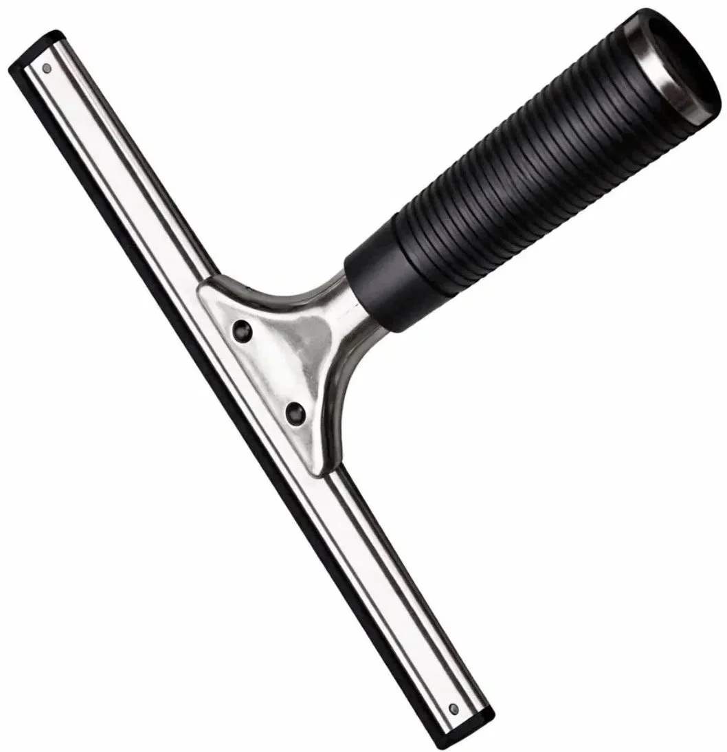 A safety razor with a black handle and a silver head.