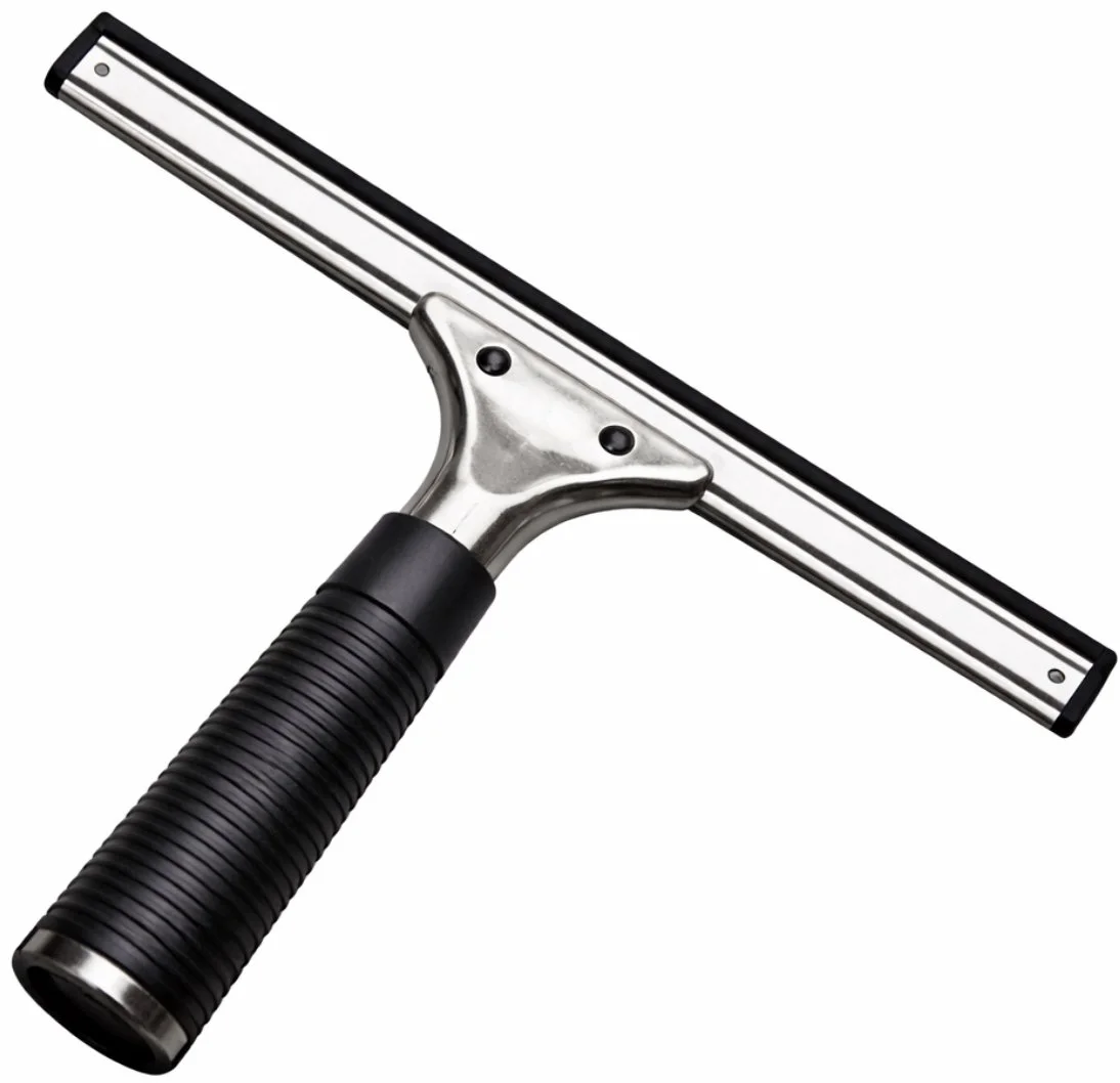A squeegee with a black handle and a broad, flat rubber blade.