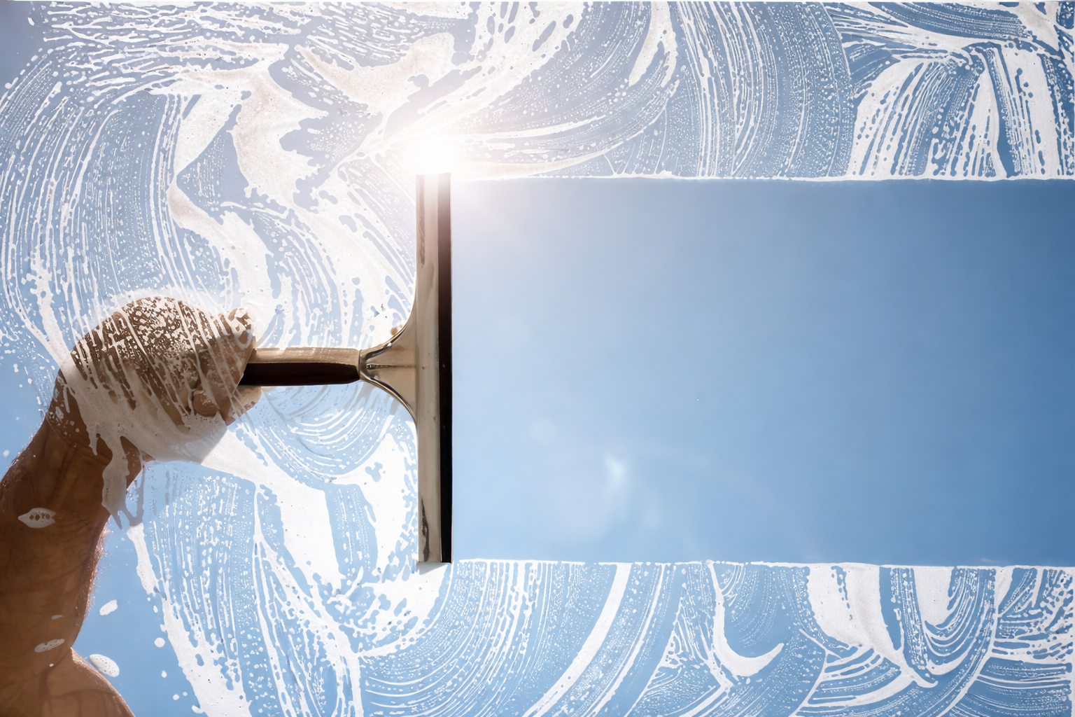 Hand holding a squeegee cleaning a window from soap, with a bright blue sky visible through the cleared section.