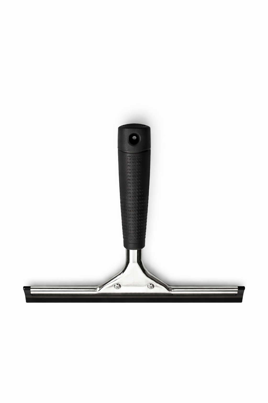 A metal squeegee with a black rubber blade and a black textured handle, used for cleaning or spreading liquids on surfaces.