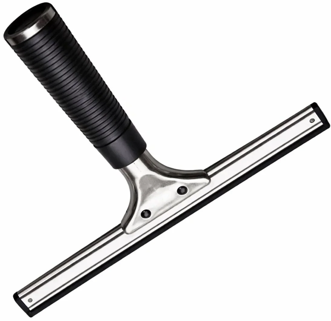 A squeegee with a black handle and a metal blade for cleaning or painting.