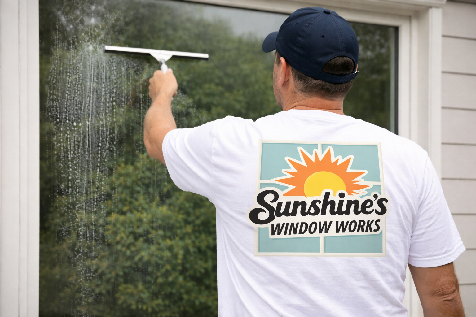 Man cleaning a window with a squeegee, wearing a white t-shirt with a logo that reads 'Sunshine's Window Works'.