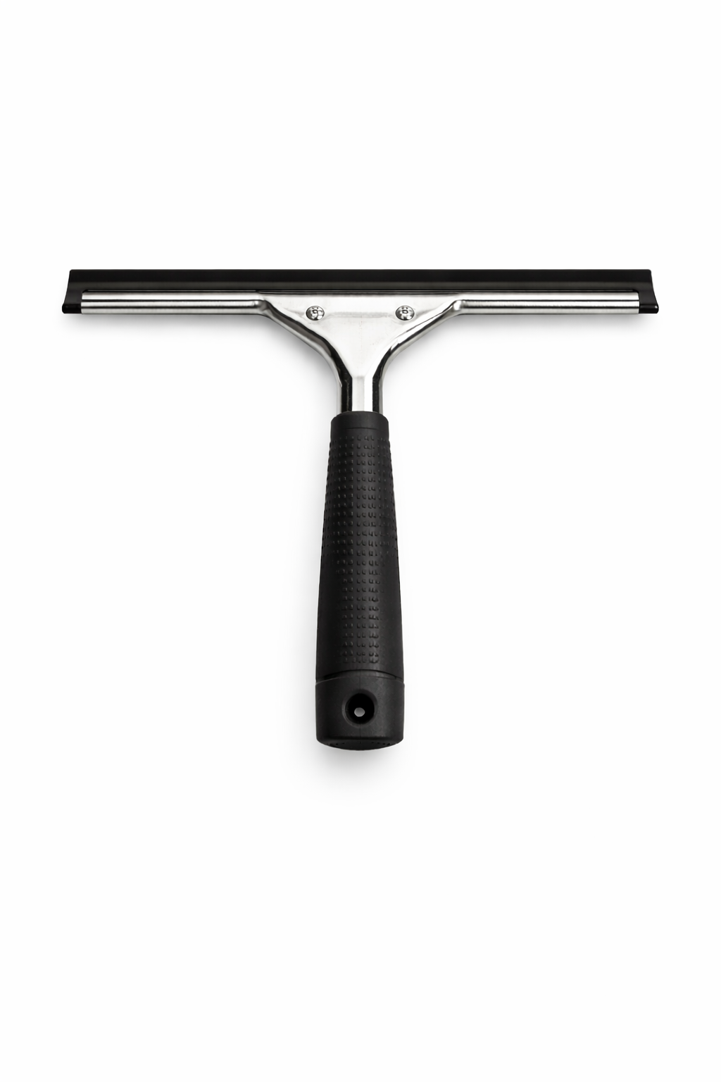 A metal squeegee with a black handle and a wide rubber blade used for cleaning windows or surfaces.