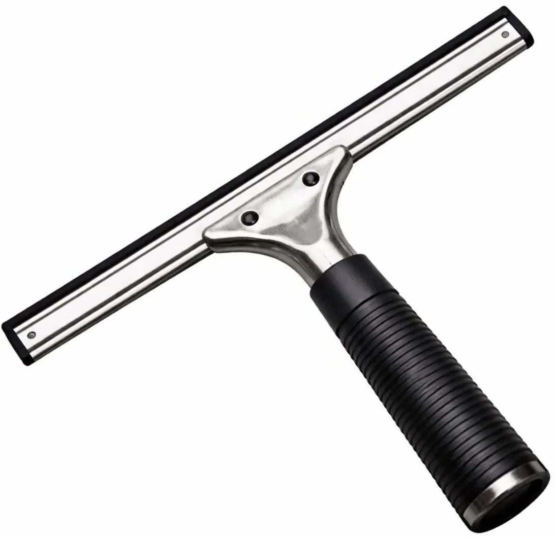 A squeegee with a black handle and metal blade used for cleaning windows.