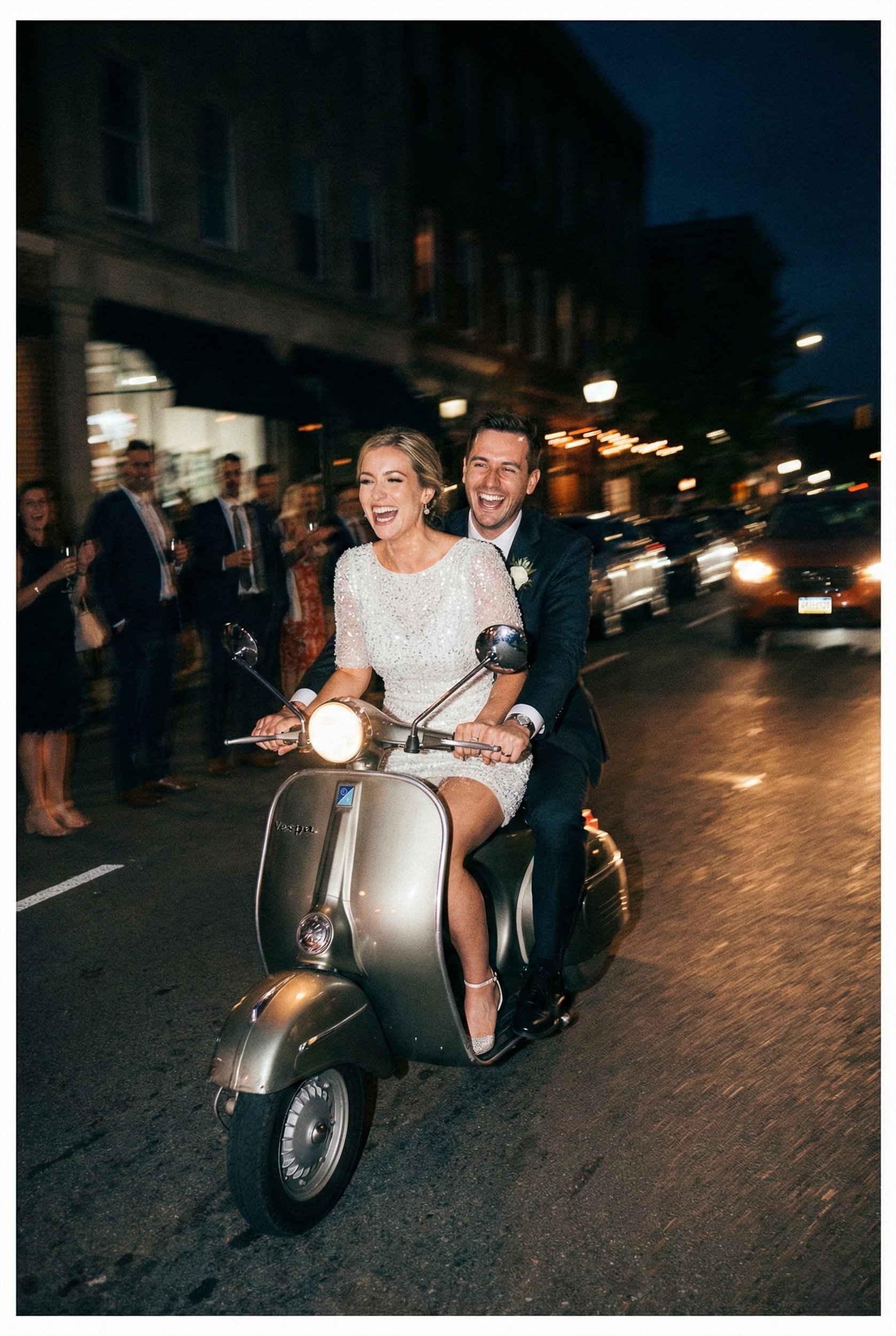 night engagement photo in brooklyn new york on a vespa
