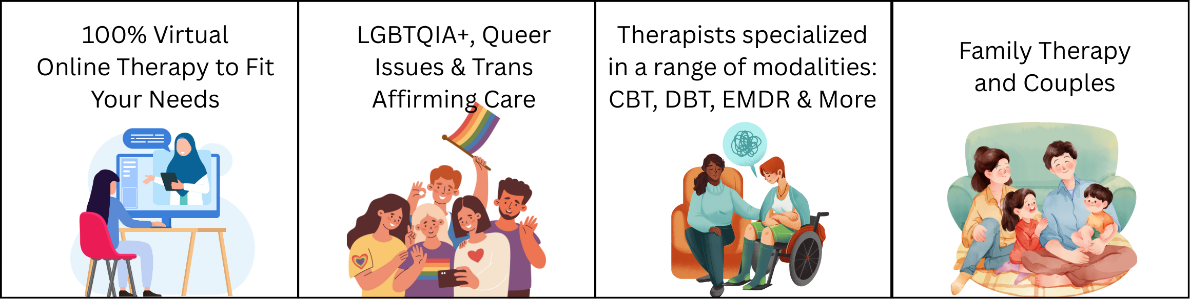 Four panels showing colorful illustrations related to therapy services: first panel shows a woman on a computer with a client, second panel shows a diverse group of people holding rainbow flags and a tablet, third panel shows two women in conversation, one of whom is in a wheelchair, and fourth panel shows a family sitting together on a couch.