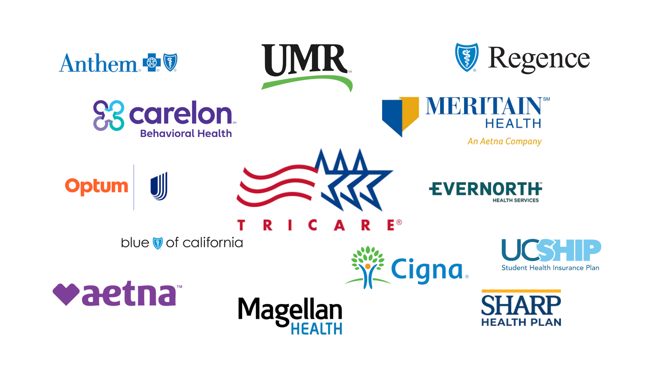 A collection of health insurance and healthcare company logos including Anthem, UMR, Regence, Carelon Behavioral Health, Meritan Health, Optum, Blue of California, Tricare, Evernorth, UC SHIP, Cigna, Aetna, Magellan Health, and Sharp Health Plan.