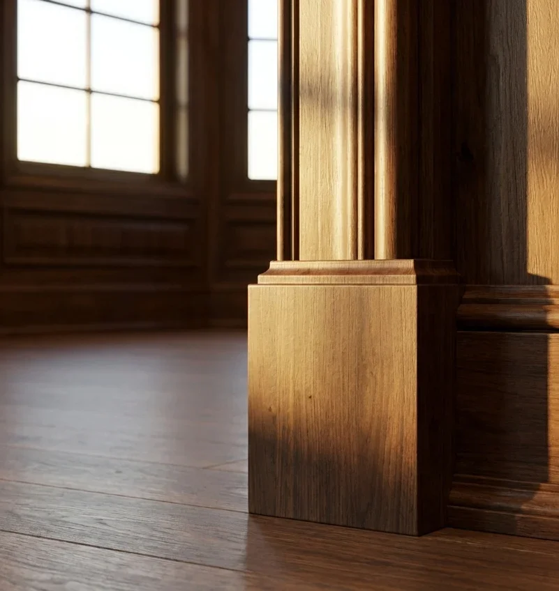 A detailed view of custom wood millwork showcasing a solid column base and refined trim profiles. The natural wood grain and warm finish emphasize craftsmanship and material quality, while the clean lines create a balanced, timeless aesthetic. This d