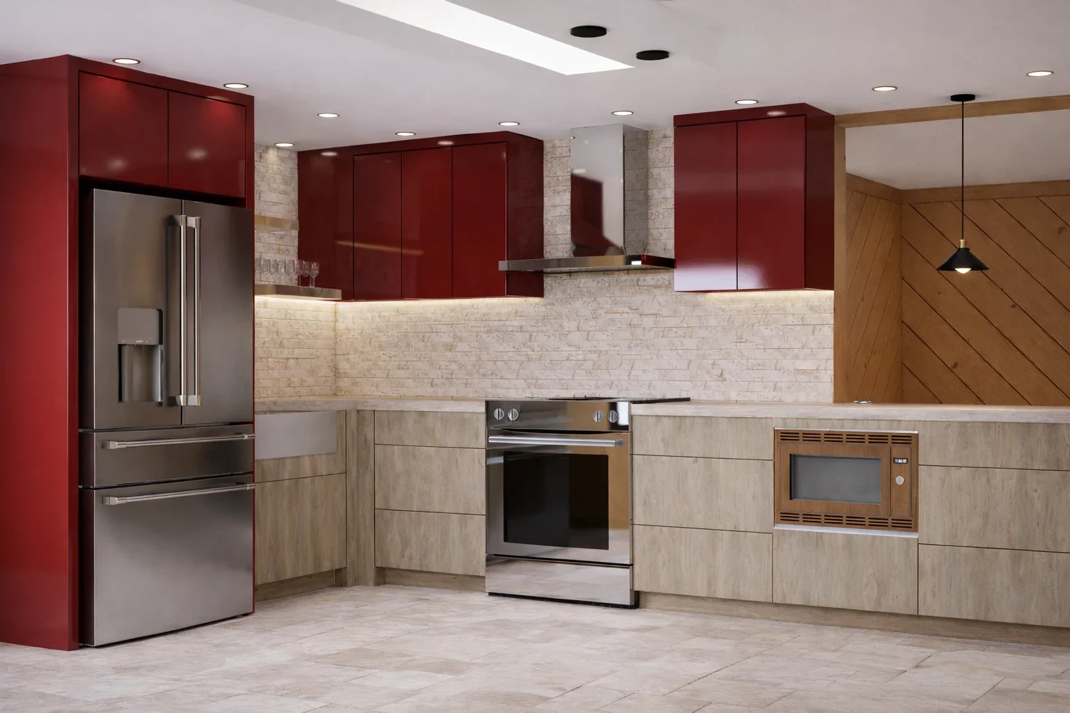 A contemporary kitchen design that pairs bold red cabinetry with warm wood finishes and textured stone surfaces. Integrated lighting enhances the backsplash and upper cabinets, creating depth and visual interest. Stainless steel appliances and clean-