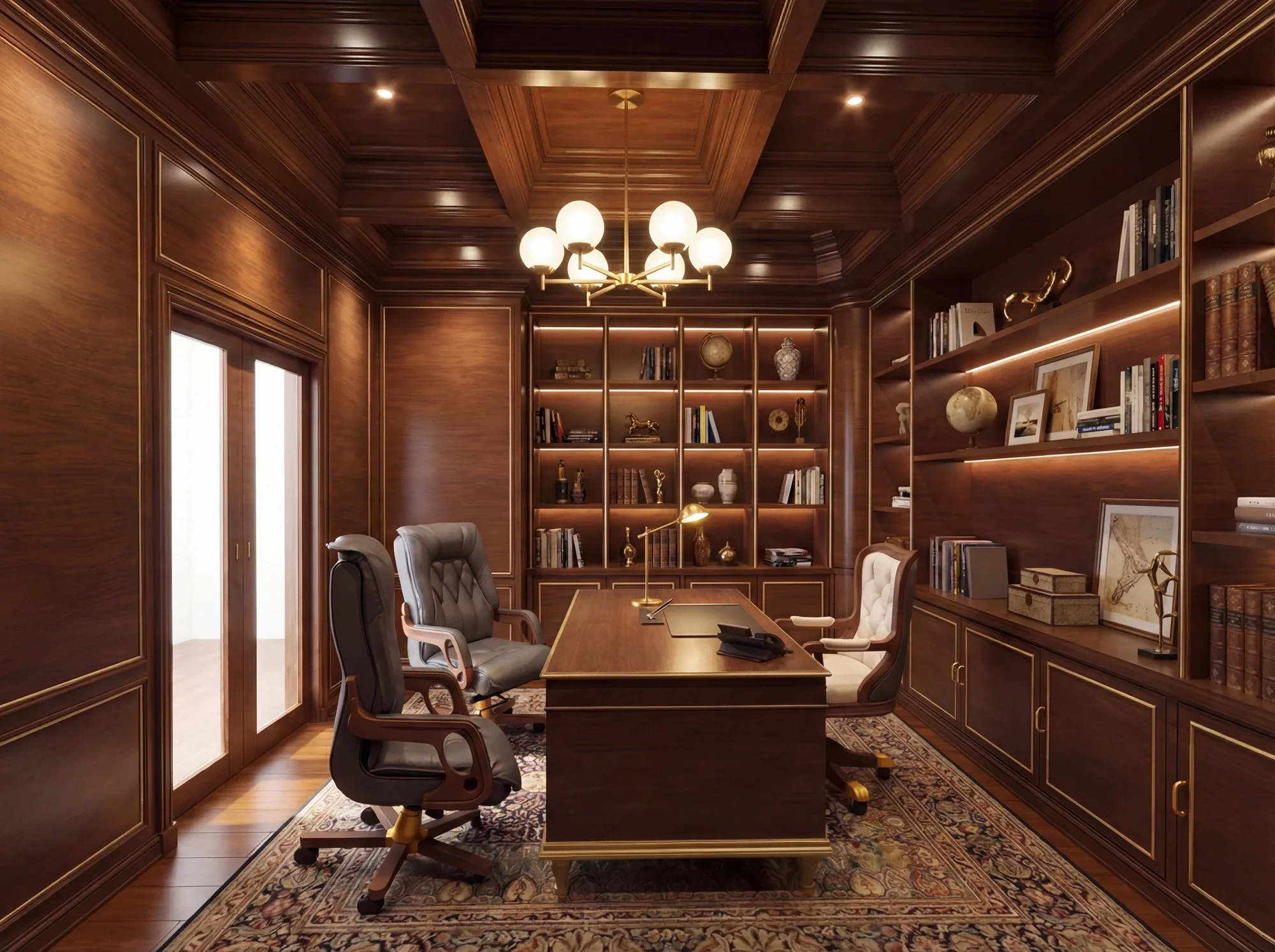 A distinguished office space that combines classic wood paneling with modern lighting. The coffered ceiling and elegant chandelier create a timeless atmosphere, while the polished desk and leather chairs offer comfort and style. Built-in bookshelves 