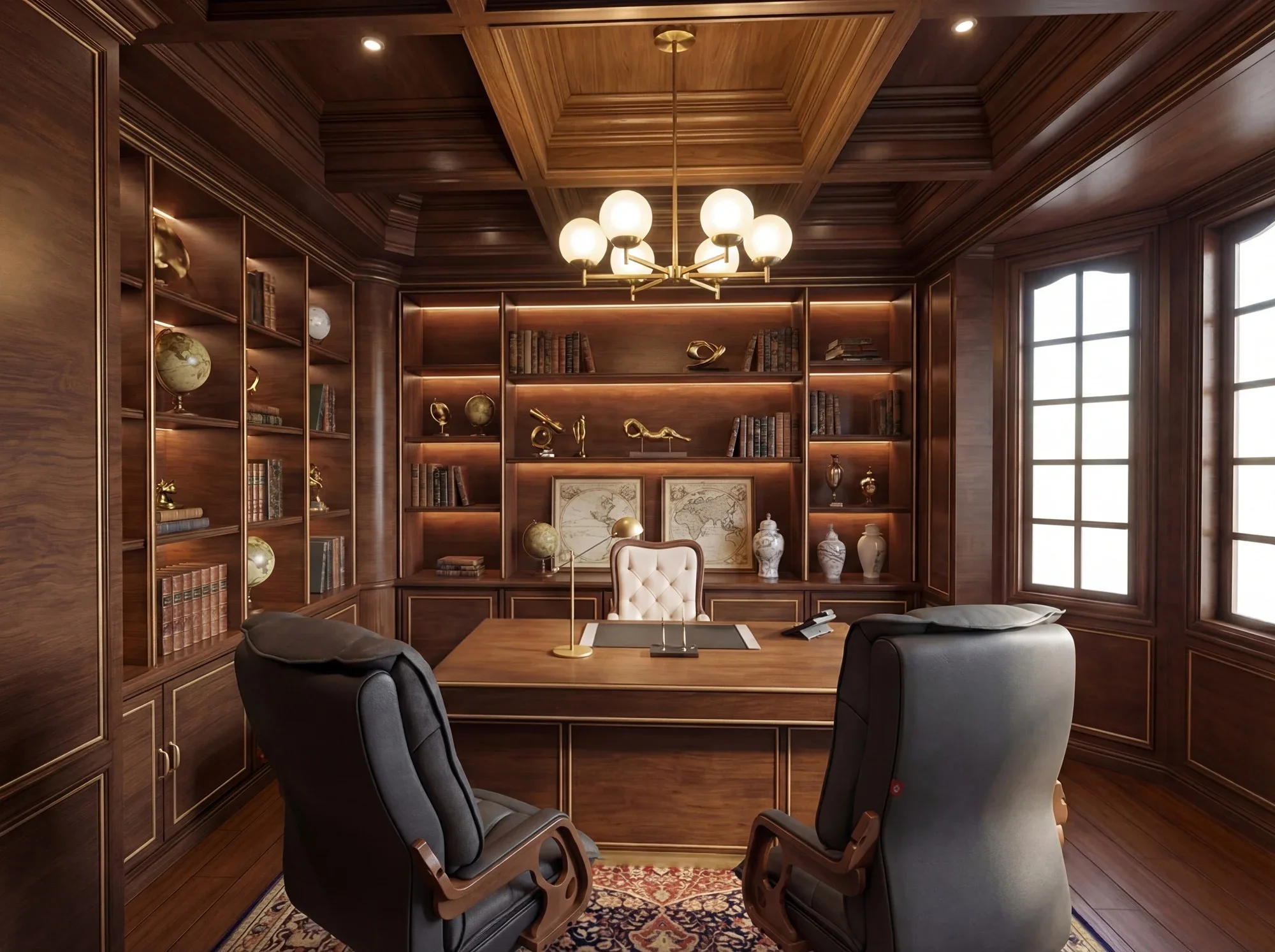 A luxurious executive office featuring rich wood paneling, custom shelving, and a coffered ceiling. The space is illuminated by ambient lighting, highlighting the collection of books, globes, and decorative objects. The elegant desk and high-back cha