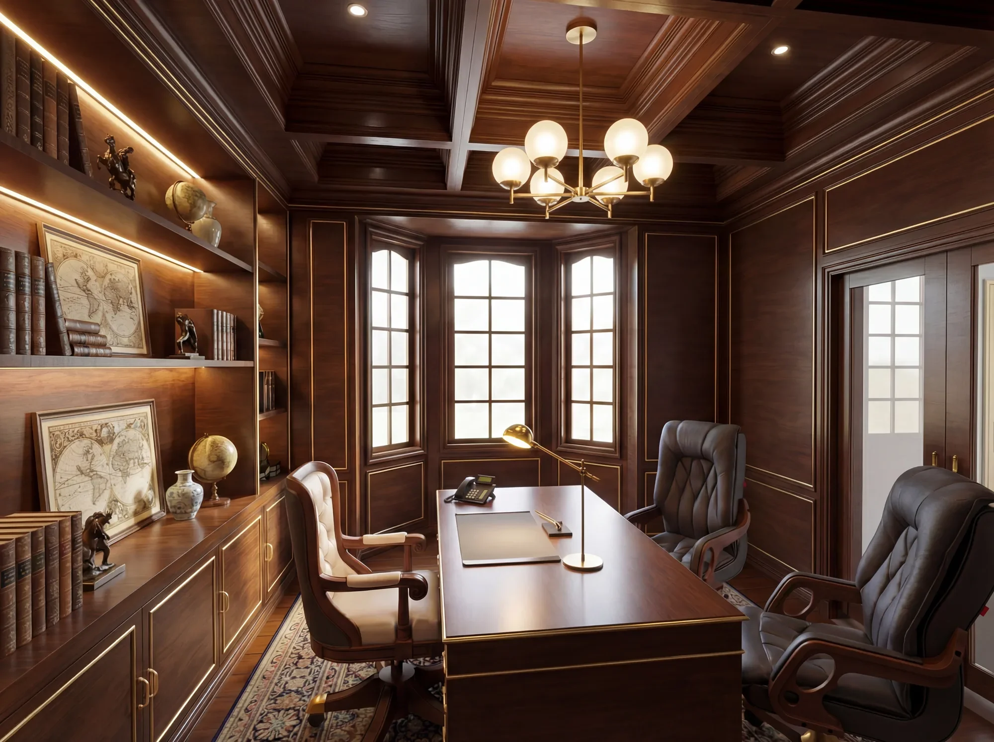 An elegant executive office featuring rich wood paneling, custom built-in shelving, and a coffered ceiling. Natural light from the bay windows enhances the warmth of the finishes, while the sculptural chandelier and refined desk design add a contempo