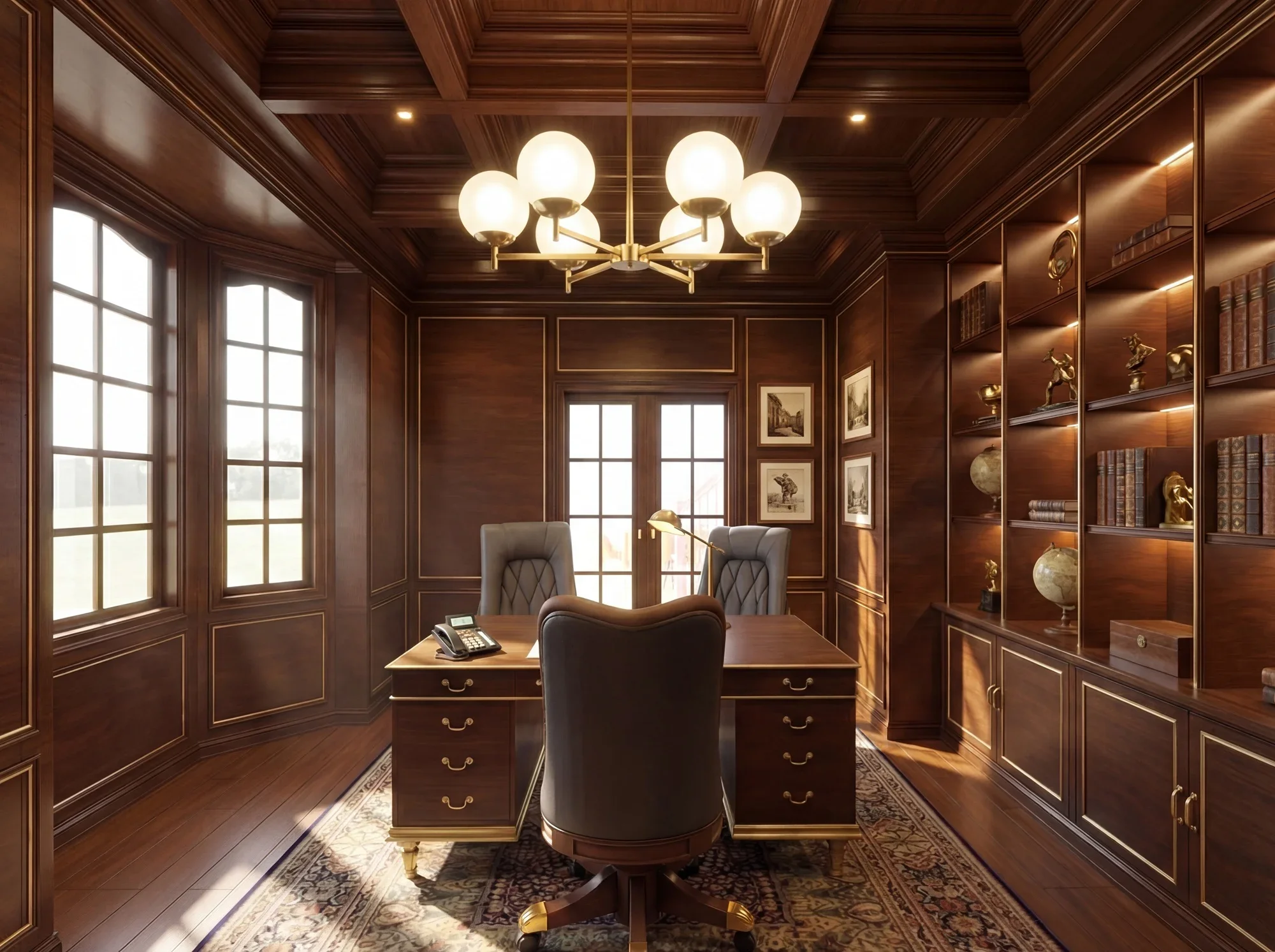 A sophisticated home office defined by custom wood paneling, integrated shelving, and a coffered ceiling with statement lighting. Subtle built-in illumination highlights the cabinetry and enhances the richness of the wood tones. The sculptural desk a