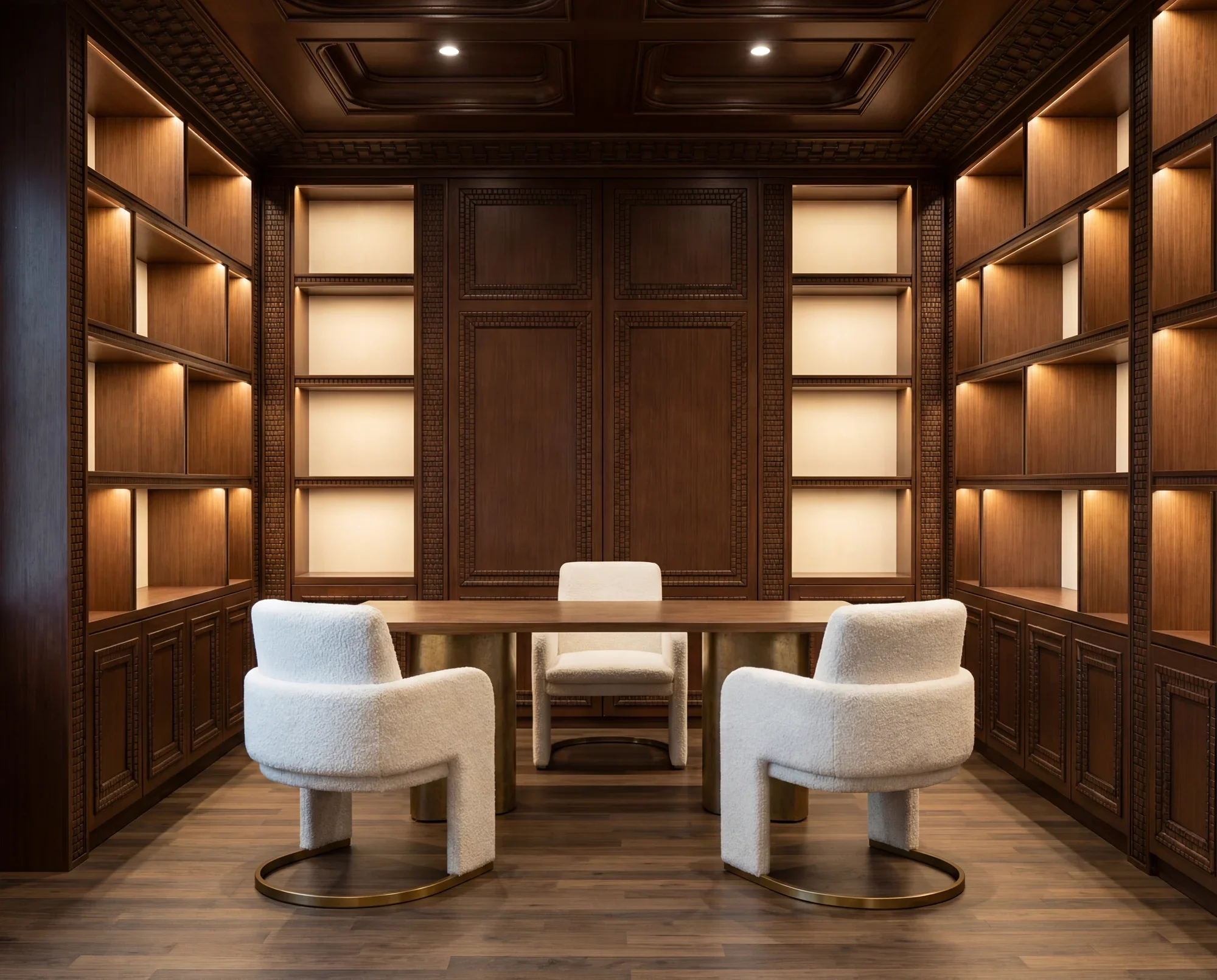 A refined home office featuring custom floor-to-ceiling wood paneling and integrated shelving. Warm ambient lighting highlights the craftsmanship and creates a welcoming atmosphere, while the clean-lined desk and upholstered chairs add a modern touch