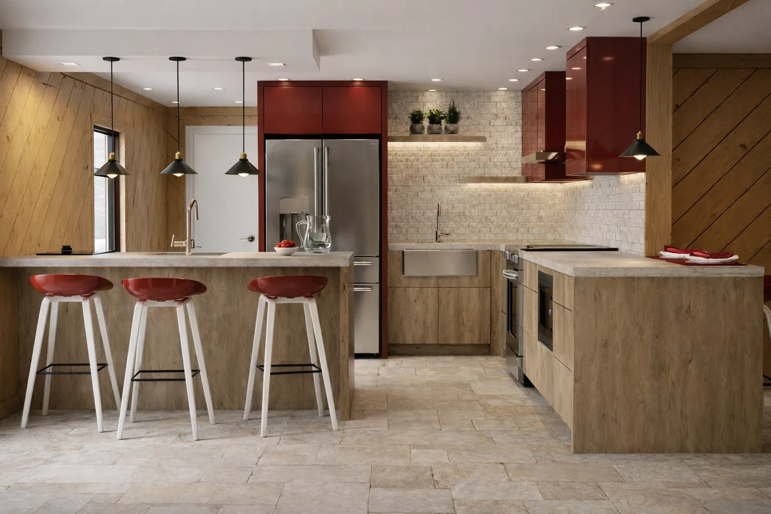 A contemporary kitchen designed with a warm, natural palette and bold accent cabinetry. Wood textures, stone surfaces, and matte black lighting fixtures create a balanced and inviting atmosphere, while the red upper cabinets add a distinctive focal p