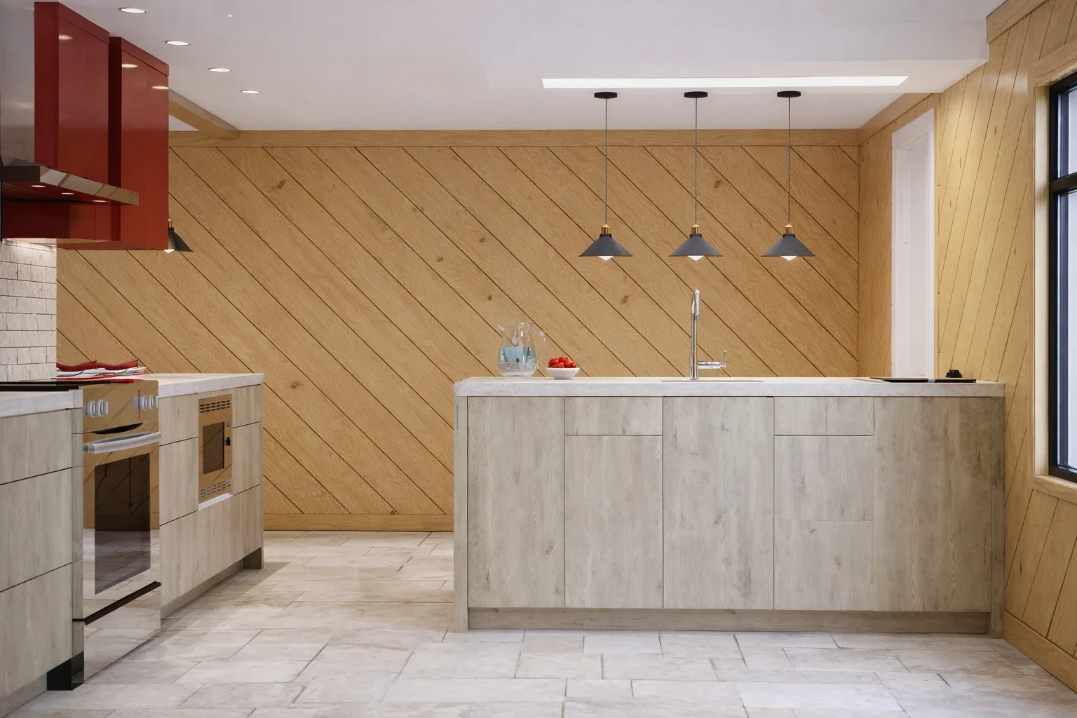 A modern kitchen space defined by clean lines and natural materials. The diagonal wood wall paneling adds subtle texture and visual interest, while the light-toned cabinetry and stone flooring create a bright, cohesive foundation. Minimal pendant lig