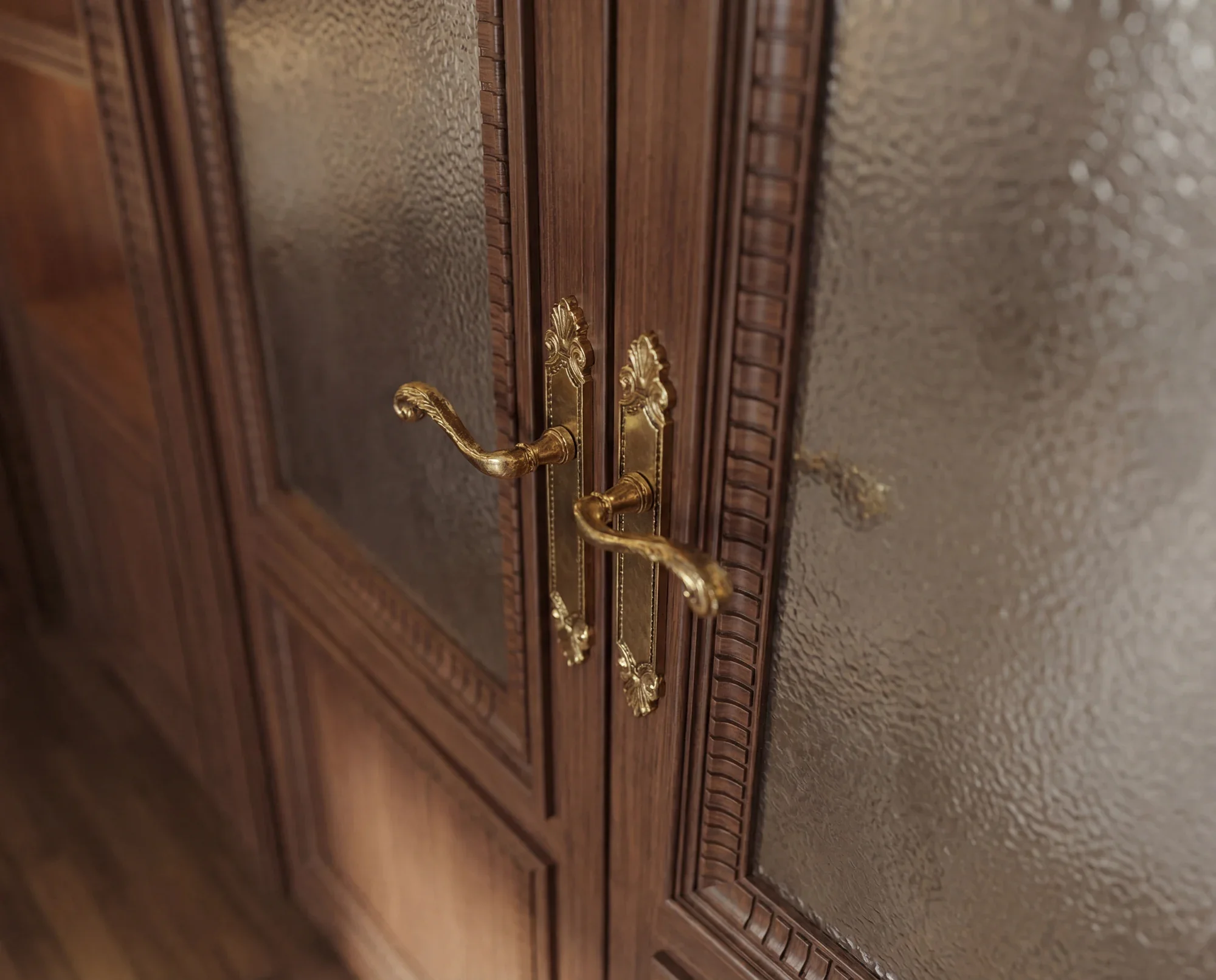 A close-up detail of custom wood doors featuring textured glass panels and decorative brass hardware. The rich wood grain and finely crafted moldings highlight the quality of the millwork, while the elegant handles add a timeless, refined touch. This