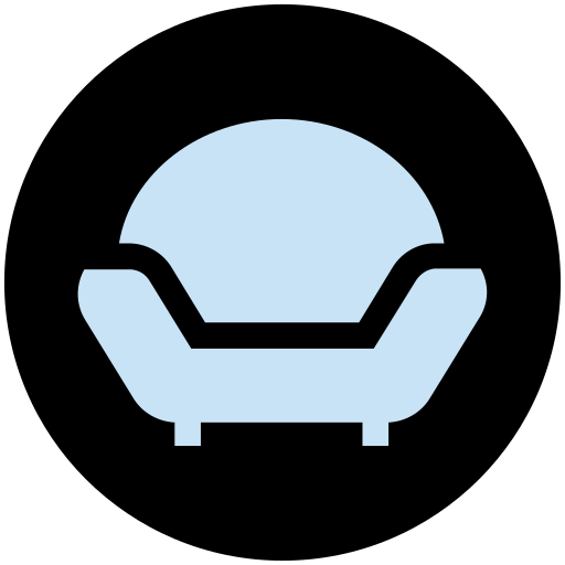 Icon of a sofa chair with rounded back and armrests, in light blue and black.
