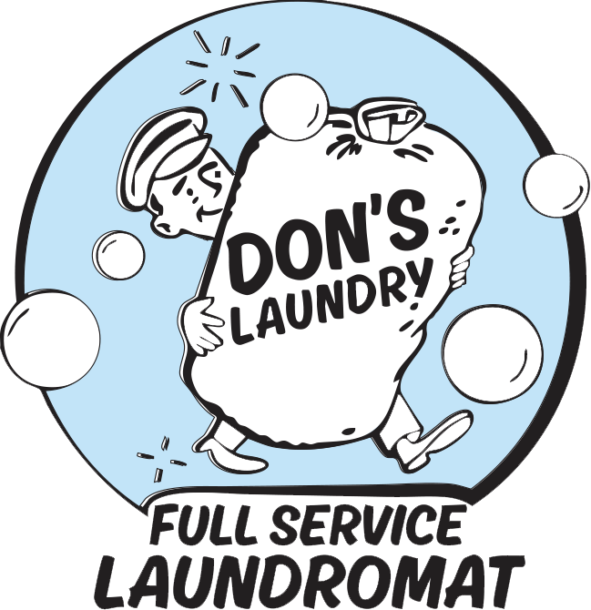 A cartoon illustration of a person in a laundry cart, carrying a large bag labeled "Don's Laundry," with the text "Full Service Laundromat" below.