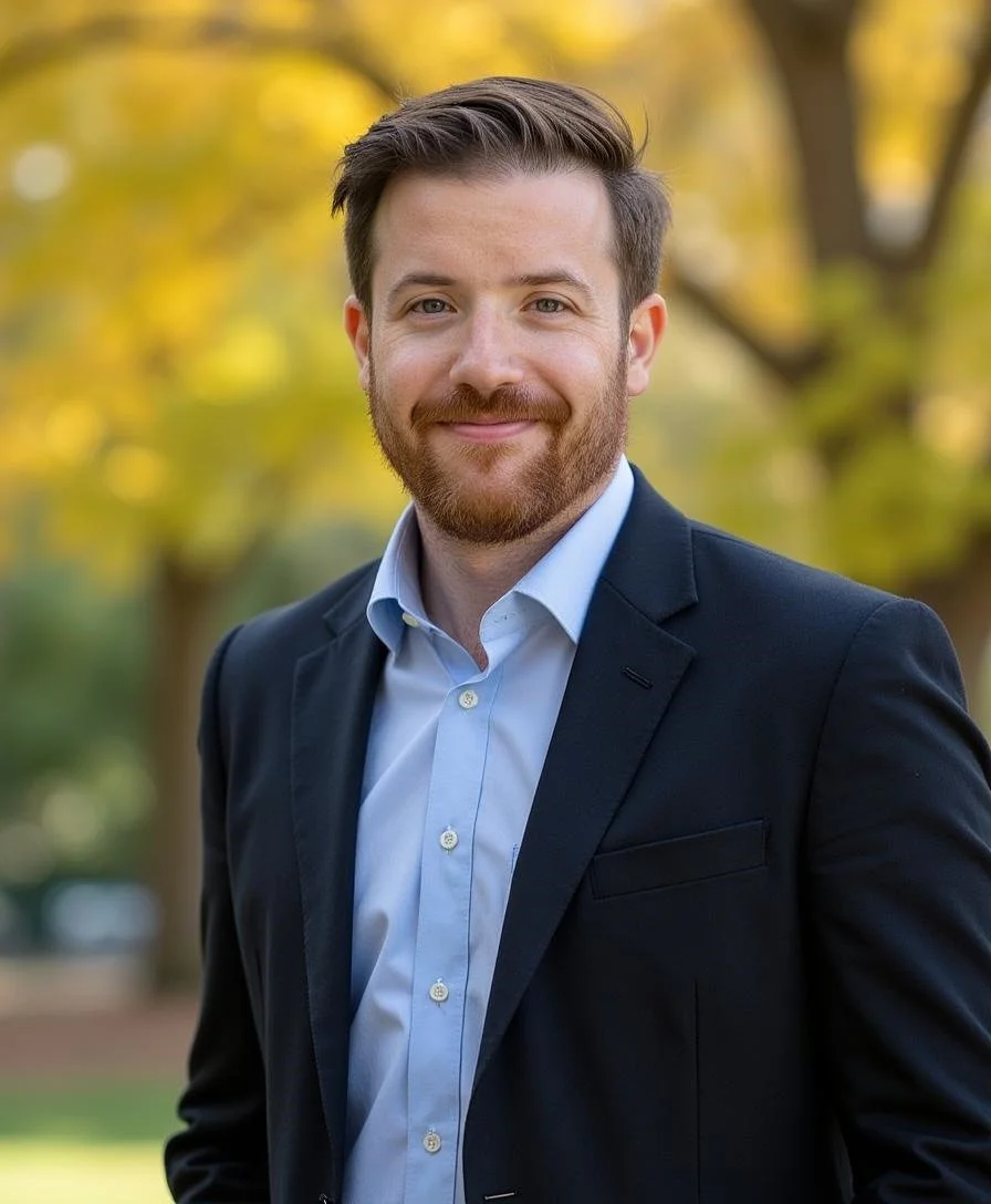 A man with brown hair and a beard smiling at the camera, wearing a dark blazer and light blue collared shirt, standing outdoors with blurred trees and yellow foliage in the background.